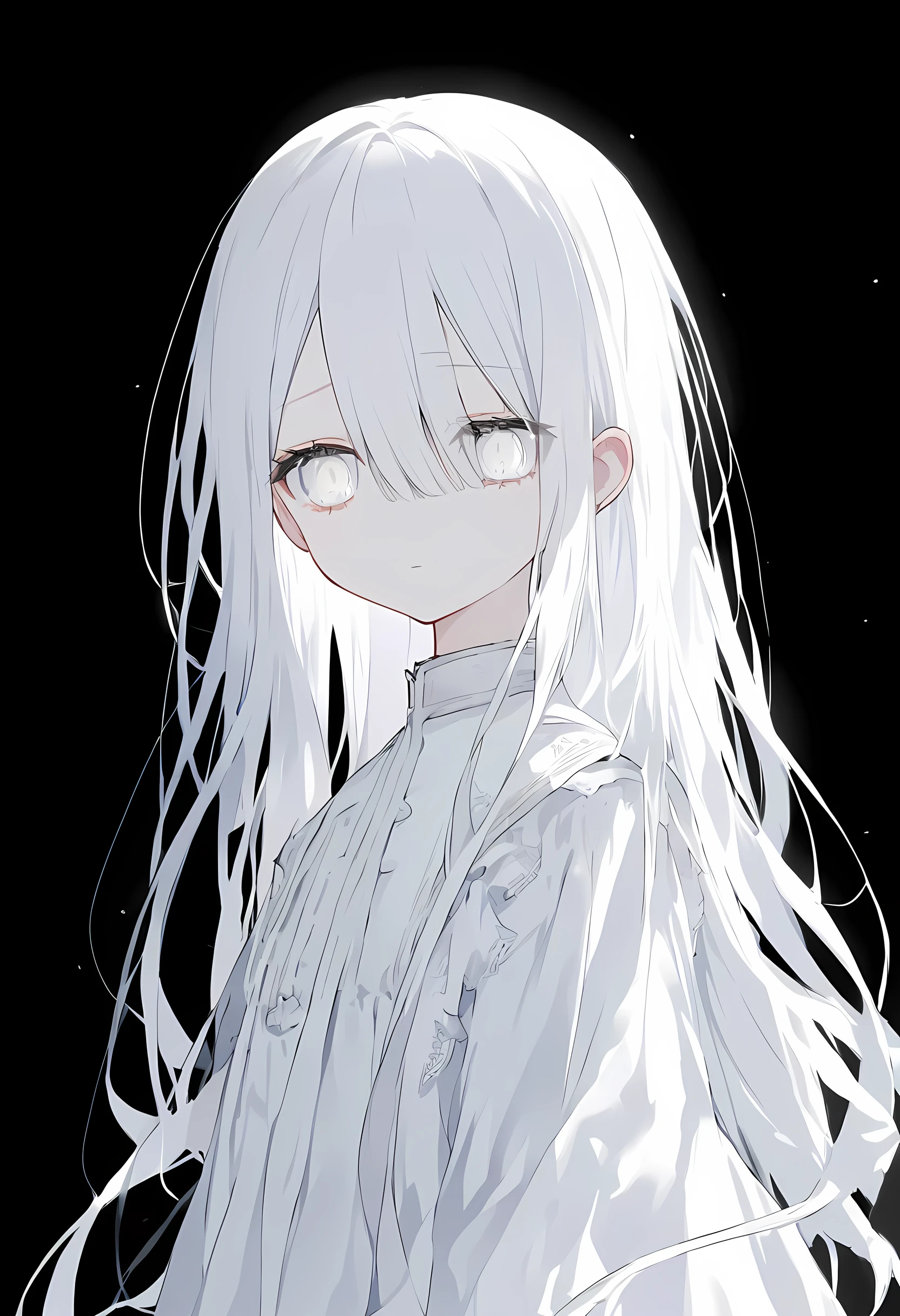 off white色、off white、Girl、Light white hair、Hair color is off white、Thin hair white、Long Hair、Eye color is pale white、Pale white eyes、Off-white eyes、All of the eyes are off white、All-white girl、off white色のGirl、White background、White background、White room、There are highlights on the eyes、emotionless