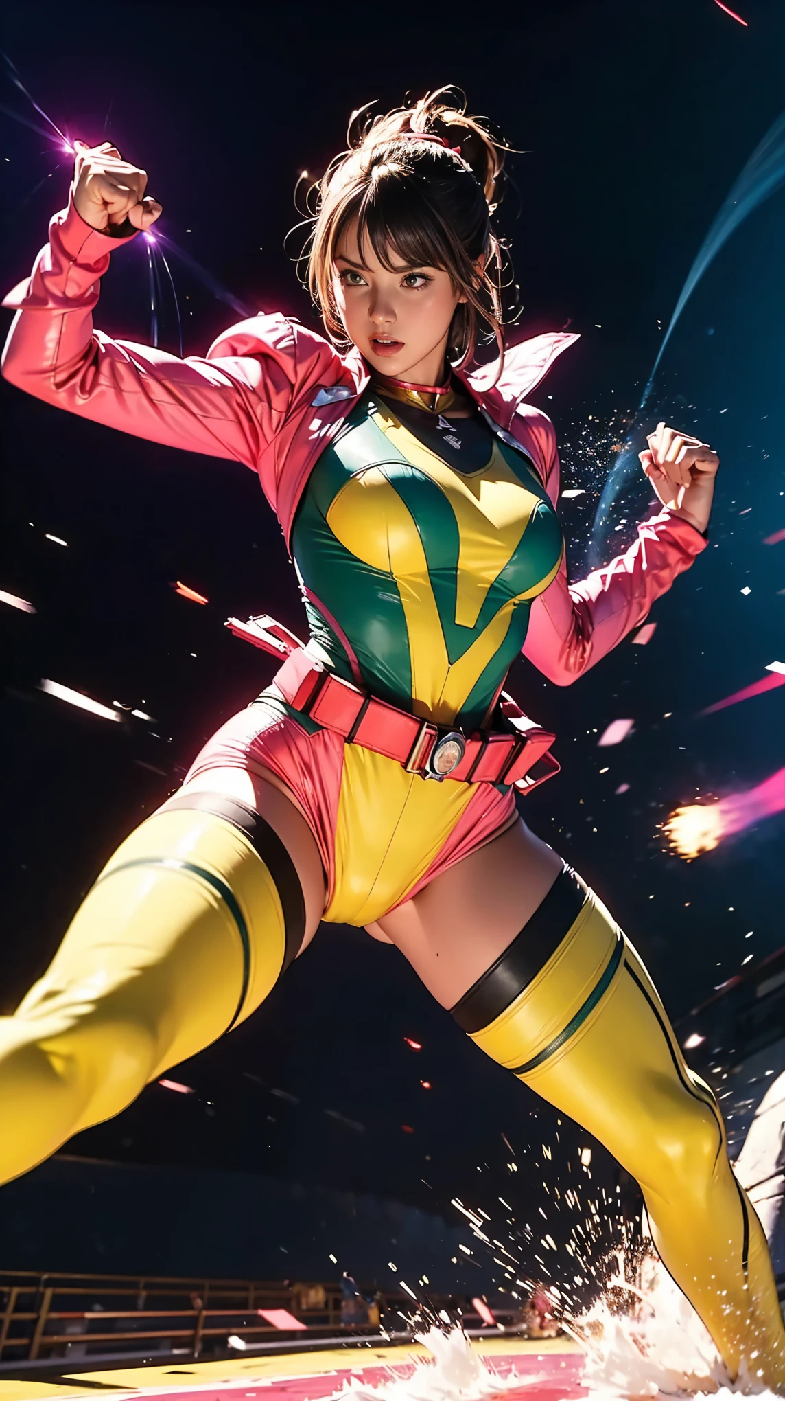 Solo, A brave and courageous image of a 6 member ranger team, Each one is decorated in vibrant colors such as:: ((Pink)), red is front of center, violet, Green, yellow, blue black, white,. Dynamic poses in a background that exudes energy and courage, neon, fire, plasma, Fluorescent, shocking, pink big bomber, splashing pink, running, fighting pose, action pose, Embodying the essence of the classic Sentai superhero team. Each Ranger:: The attire is sophisticated and modern, Each color has elements that reflect its theme., Ready for action. ((Camel Toe)), weapons, in sunset background , in cinematic lighting, cover art mixed cinema poster style,