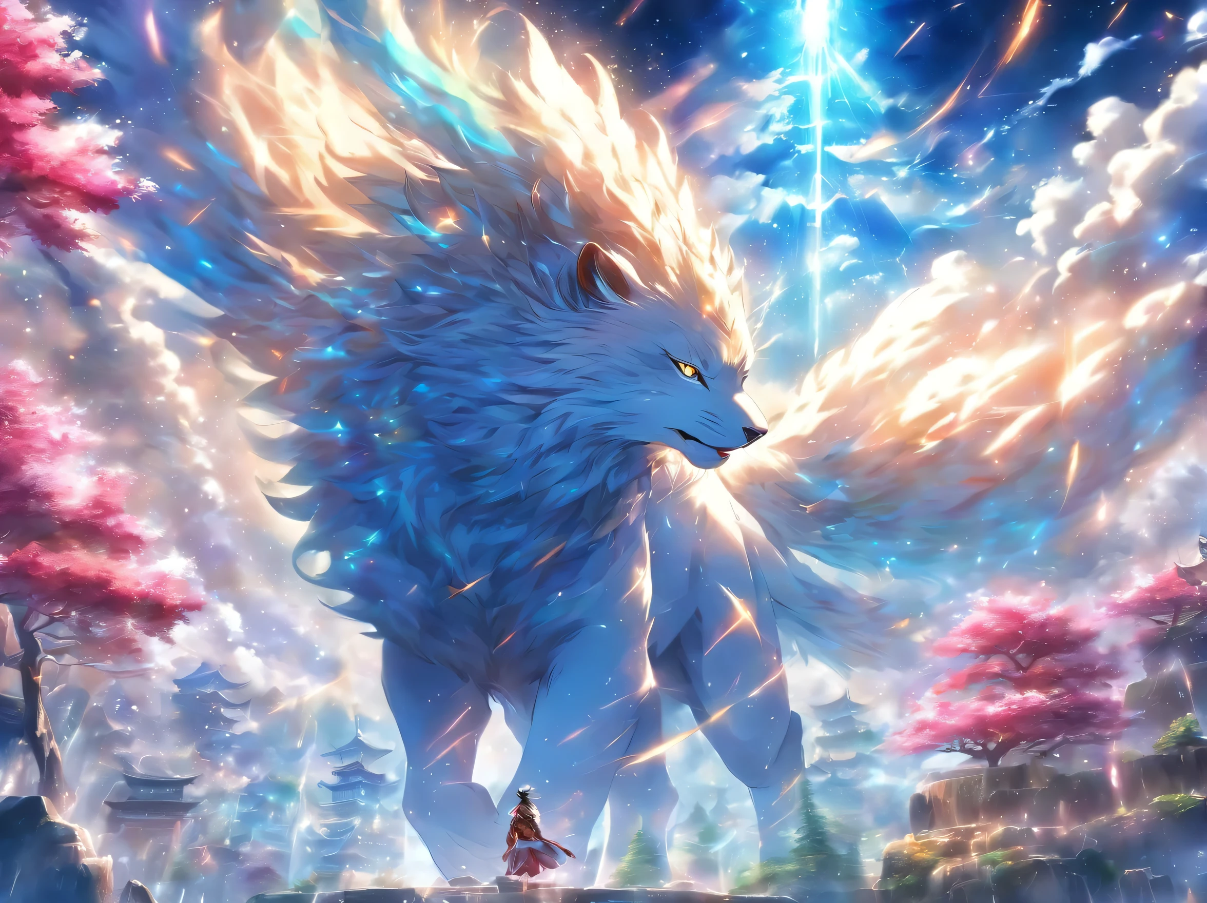 A majestic, Ferocious, Soar in the sky, formidable presence, leading, Radiant illumination, Strong gaze, Delicate fur, vivd colour, tosen, superb technology, dynamic compositions, amazing scenery, awe-inspiring, epic landscapes, k hd, Surreal, HDR lighting, atmosphric perspective, Brush stroke texture, surreal atmosphere, mysterious atmosphere, mythical creature