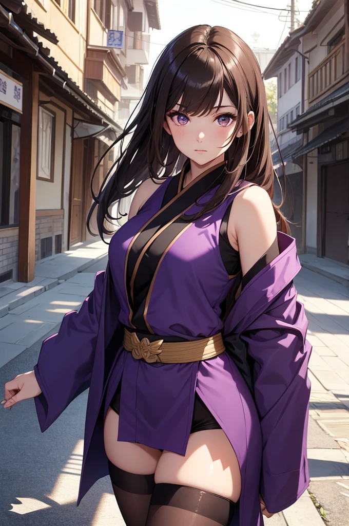 8K, Best Quality, Masterpiece, Ultra High Resolution, 1 Girl, Beautiful Eyes, Face Details, Dark Brunette Hair, Straight Hair, Brown Eyes, Kunoichi Uniform, Sleeveless Purple Kimono, Mesh Tights, Standing Outside in Village, Pale Skin, Masterpiece, Best Quality, Upper Body, Looking at the Viewer, Close Up