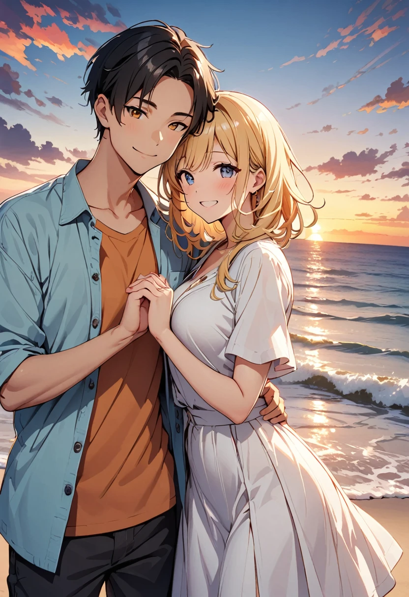 evening、Beautiful ocean background with the sun setting on the beach、A couple of men and women standing shoulder to shoulder。They each put their hands together to make a heart shape、Her expression is full of happiness。The orange color of the sunset envelopes us both、Romantic atmosphere。Their big smiles、It enhances the beautiful, picturesque scene.。 --ar 3:4 --niji 6