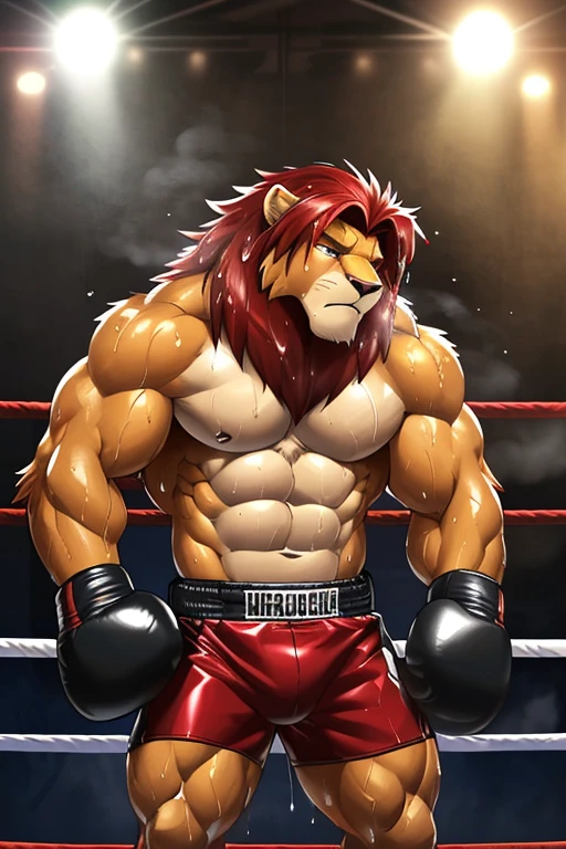 ((solo)), (anthro:1.2) lion (lora; simba), adult, (athletic:1.4), (dense muscles), (super strong:1.4), (correct anatomy:1.2), (broad shoulders:1.2), (heavy build, massive body:1.6), (realistic fur, detailed fur texture:1.3), detailed background (corner of the boxing ring:1.6), photorealistic, (black compression shorts), (bare torso:1.4), (barefoot:1.2), (detailed clothing), hyperrealistic, ultradetailed, (by wfa:1.2), (by takemoto_arashi, by vorusuarts, by Traver009:1, by grimfaust:1), natural lighting, (wet. sweat:1.4), exhausted, feline head (open eyes, red mane), (steaming breath:1.2), ((serious:1.4) expression), (leaning over post:1.6), (view from below:1.4)