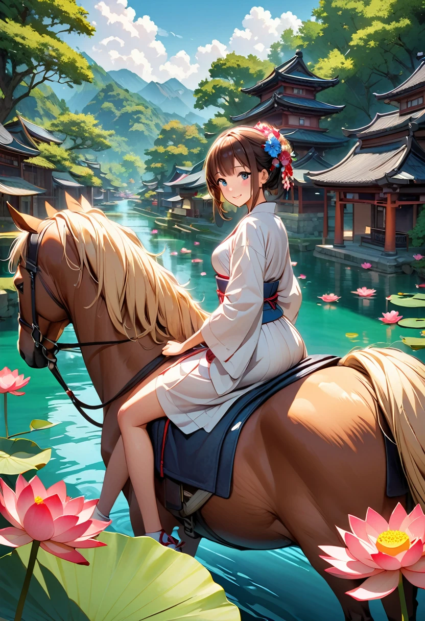 An anime girl in white is sitting on the back of a pegasus, and behind her are ancient buildings and green trees. The water surface is covered with lotus flowers. Traditional Japanese architecture is depicted in the background, surrounded by lush green trees, around which bright flowers bloom. This scene creates a fabulous atmosphere in which the anime style is combined with realistic details. The illustration was created using digital painting techniques to highlight vibrant colors and complex textures. in the style of traditional Japanese animation. --ar 3:4 -niji 6