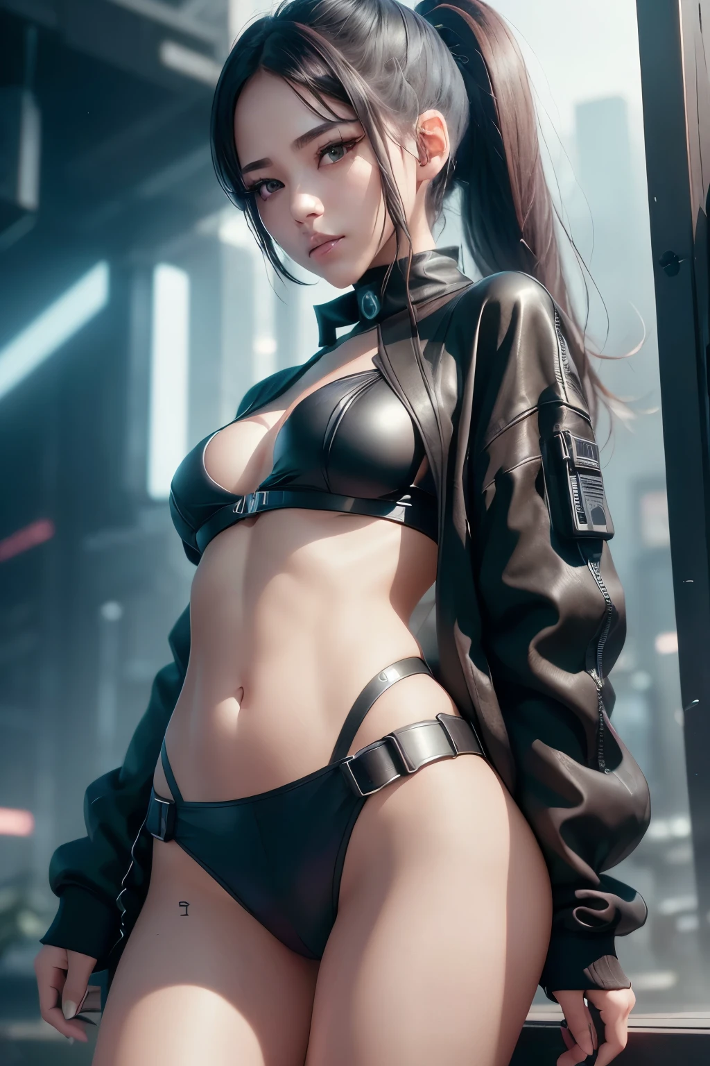 (masterpiece, best quality, 8k, sharp focus, depth of field, best shadows, perfect lights, HDR, realistic skin texture, hyper detailed background), Anime style, Long Angle Shot, ((CYBERPUNK THEME)), solo, 1 woman, she is a mercenary, (green eyes, white skin, black hair with ponytail, choker, small breasts, slim, makeup, Eyeliner, gloss), she is doing a job on a futuristic korean city, holding a Tech-katana with a strong grip, night, sky, waning moon, wearing a nice tech-jacket and leather pants.