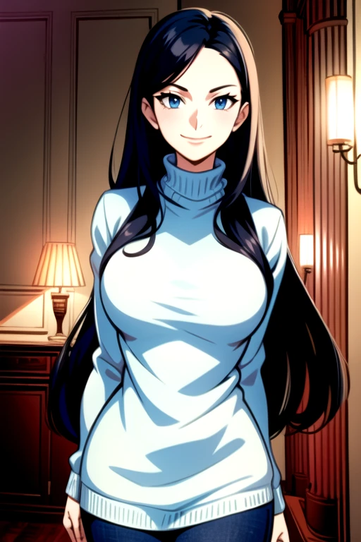 masterpiece,, best quality, beautiful lighting,((, slim girl)), NicoRobinV2, 1girl, black hair, long hair, solo, large breasts, smile, blue eyes, closed mouth, hair slicked back sweater
