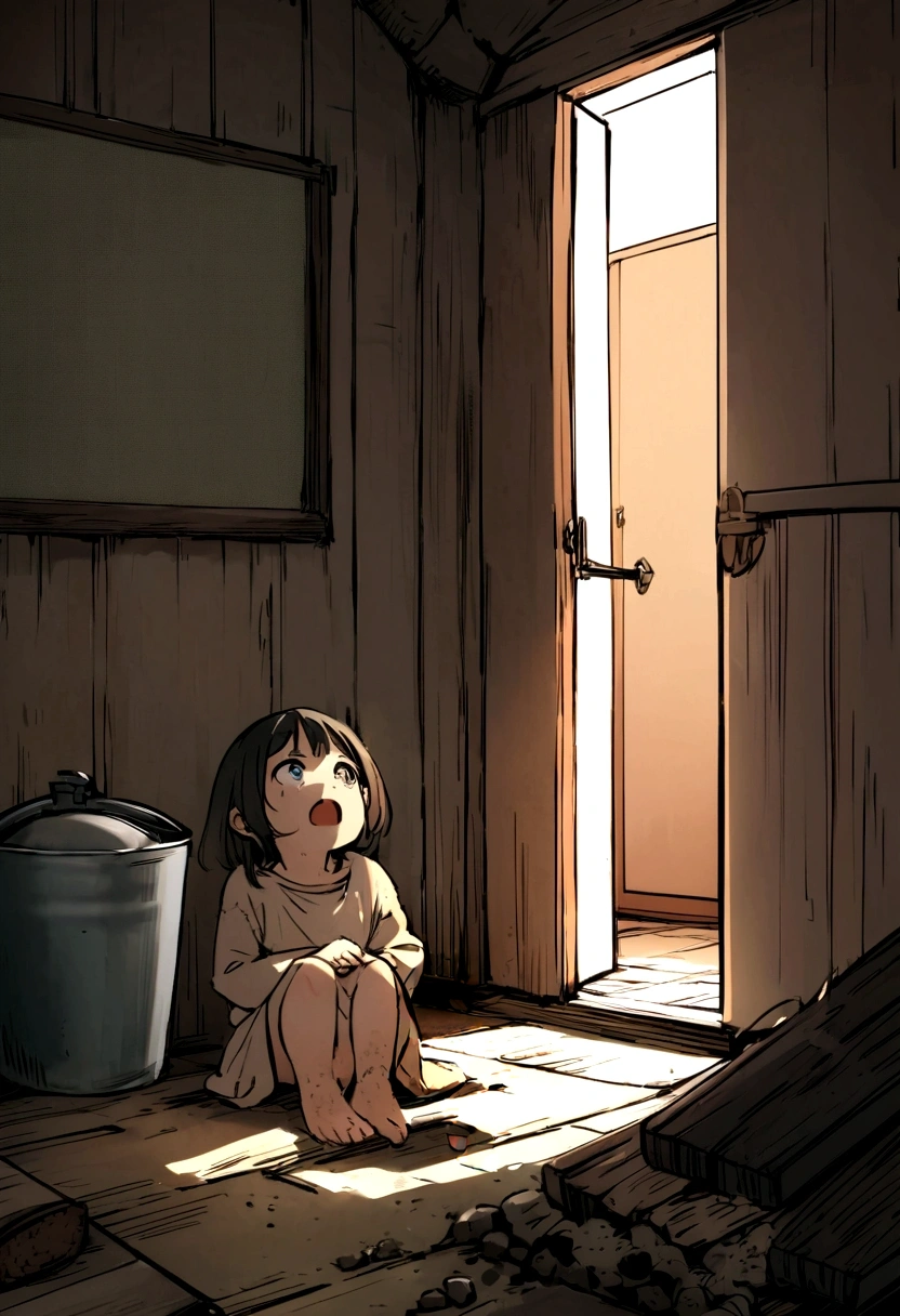 A dimly lit, small, and grimy basement room. The room is located either under a public building or a spacious private home in the city of Omelas. It has one locked door and no windows. Sparse light seeps in through cracks in the wooden boards, coming from a cobwebbed window somewhere across the cellar. The floor is made of slightly damp dirt, typical of cellar floors.

In one corner, there are a couple of mops with stiff, clotted, foul-smelling heads standing near a rusty bucket. The room is about three paces long and two paces wide, resembling a mere broom closet or disused tool room.

A child is sitting in the room. The child could be a boy or a girl and appears about six years old, but is actually nearly ten. It is feeble-minded, possibly born defective or rendered imbecile through fear, malnutrition, and neglect. The child is naked, with thin legs lacking calves, a protruding belly, and buttocks and thighs covered in festered sores. It sits hunched in the corner farthest from the bucket and mops, which it finds terrifying.TWO LEGS NOT THREE

The  occasionally picks its nose or fumbles vaguely with its toes or genitals. It is frightened and whimpers softly, making a sound like "eh-haa, eh-haa." The room smells of excrement, as the  sits in its own waste. There is a food bowl and a water jug, both of which are only hastily filled when the door occasionally opens. People who open the door sometimes kick the  to make it stand up, but they never speak to it, and they peer in with frightened, disgusted eyes. The  remembers sunlight and its mother's voice and sometimes pleads to be let out, but no one ever responds.