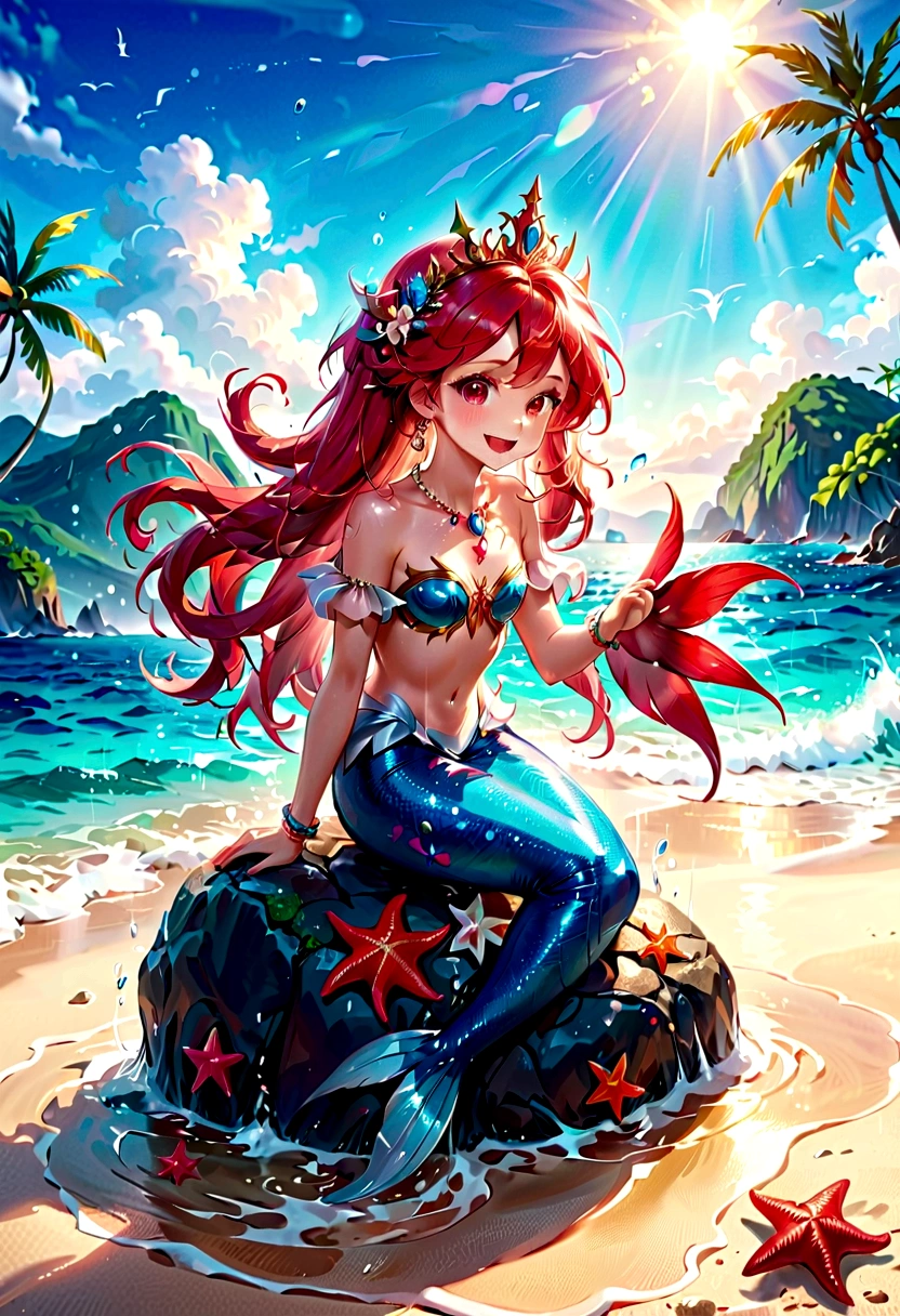 (best quality,4k,8k,highres,masterpiece:1.2),ultra-detailed, drawn in anime style, Pretty  princess magically transformed into a beautiful mermaid, race swap, fantastic transformation, steampunk, fish like, wet body, dominant shades of red, long and detailed mermaid tail with shimmering red fish scales, fins ears, very long pigtails red hair that sparkles in the light, pearl hair ornaments, sharp teeth, is smiling, pink eyes, small breast, long pelvic and dorsal fins, pair of fish gills on her neck and torso, red shell bra, starfish hair clips, pearl earrings and bracelets, pearl necklace, hair ribbons, gold tiara, embracing her new life has a mermaid, joyful expression, sitting on a rock, sandy beach, brushing her hair, ocean waves,sparkling water,coconut trees,seagulls,vibrant colors,magical glow,shimmering scales,sea breeze,warm sunlight,joyful expression,island paradise,lush tropical plants,dynamic composition,soft and smooth lines,expressive facial features,gentle water reflections,serene atmosphere, Highly detailed, masterpiece, high quality, 4K
