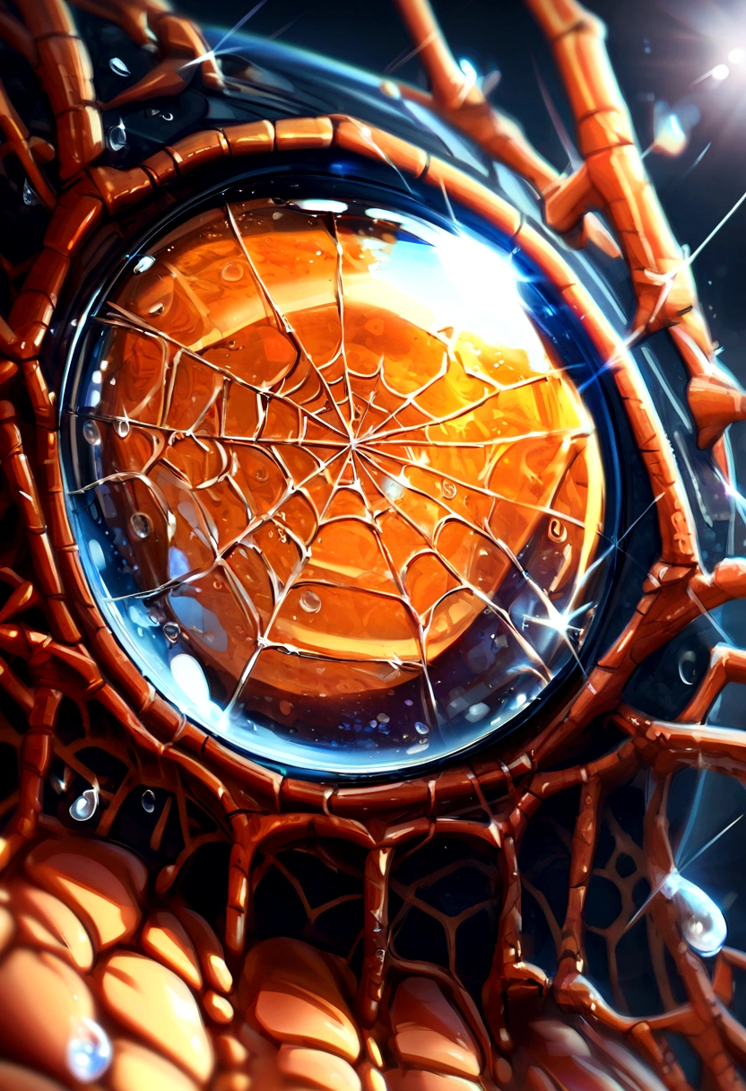 Extreme close-up by Oliver Dum, magnified view of a dewdrop on a spider web occupying the frame, the camera focuses closely on the object with the background blurred. The image is lit with natural sunlight, enhancing the vivid textures and contrasting colors.