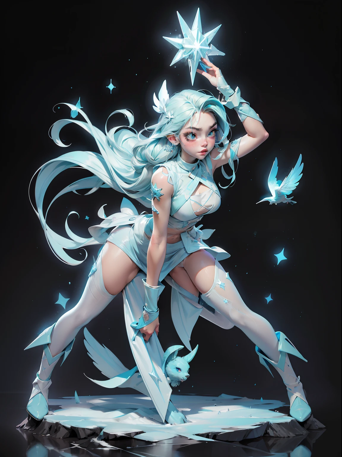 (high-res, vivid colors), blue bird alien, detailed feathers, sparkling eyes, alien landscape, vibrant colors, surreal atmosphere, glowing lights, otherworldly features, intricate patterns, dreamlike scenery, Arctic Frost Ranger: A suit featuring icy blue and frosty white hues, accented with snowflake patterns and frost crystals. This Ranger commands the power of ice and cold, with abilities such as creating blizzards, forming ice constructs for defense, and freezing enemies in their tracks.