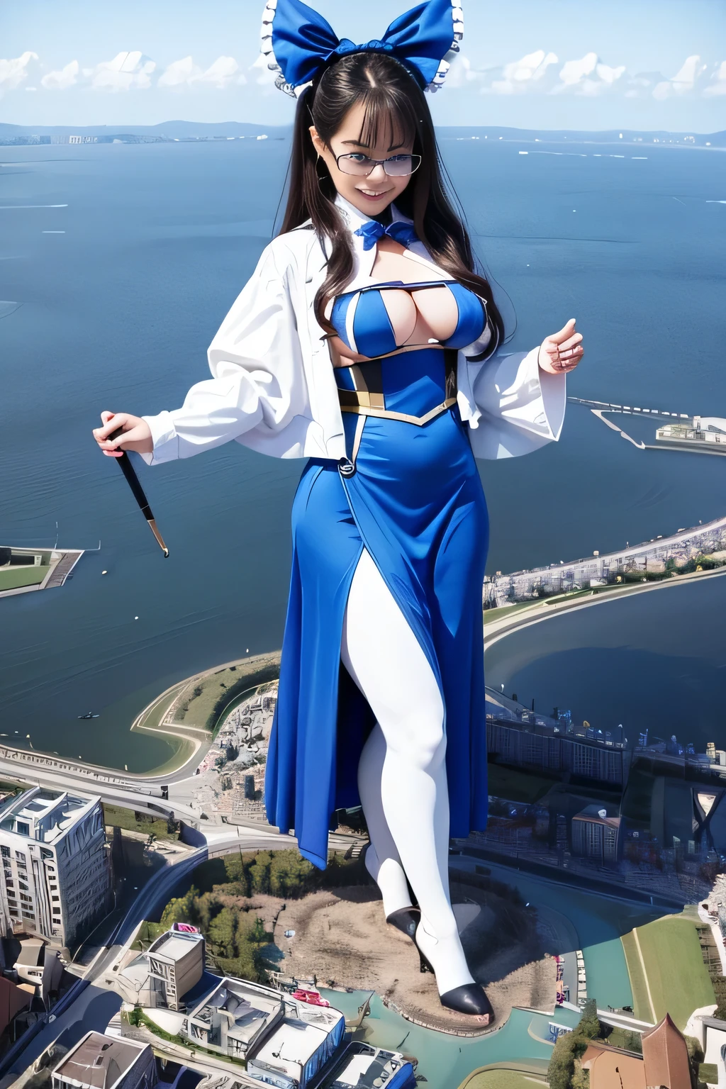 giantess art, highly detailed giantess shots, giantess, most detailed, perfect face, Two legs, Five fingers, A beautiful girl who is bigger than a skyscraper, Wearing rimless glasses, smile, huge breasts, blue base magical girl dress, bow, magical girl, holding a magical wand, black pantyhose, blue stiletto heels, thunderbolt from a magical wand, Destroying cities, Under heavy attack, A very small big city, Miniature metropolis, Full body description, GTS, giga giantess, stomping city, crash city, tiny city, micro city, pantyhose feet, High resolution, highest quality, masterpiece,