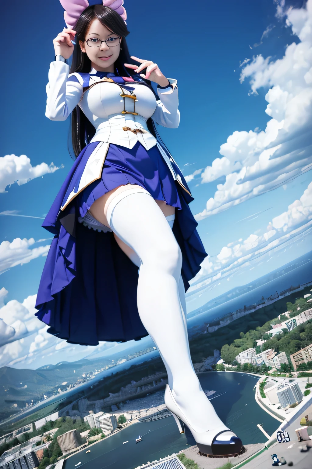 giantess art, highly detailed giantess shots, giantess, most detailed, perfect face, Two legs, Five fingers, A beautiful girl who is bigger than a skyscraper, Wearing rimless glasses, smile, huge breasts, blue base magical girl dress, bow, magical girl, holding a magical wand, black pantyhose, blue stiletto heels, thunderbolt from a magical wand, Destroying cities, Under heavy attack, A very small big city, Miniature metropolis, Full body description, GTS, giga giantess, stomping city, crash city, tiny city, micro city, pantyhose feet, High resolution, highest quality, masterpiece, 