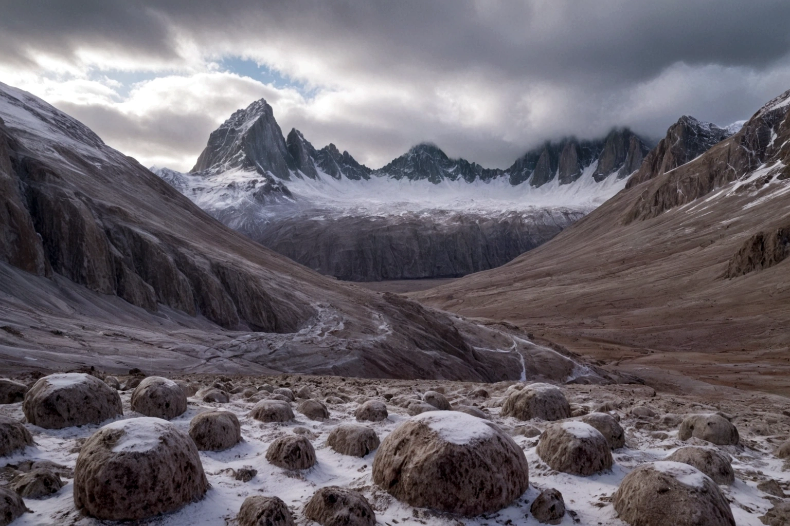 ON AN ALIEN PLANET STEEP AND INTRINSIC MOUNTAINS WITH SHARP ROCKS WITH SNOW AND ICE, EL CIELO TORMENTOSO APLOMADO, GRAY AND COLD HAS THE CLOUDS DESTROYED BY THE FREEZING WIND FROM THE POLE, IMAGEN HIPER REALISTA, MAXIMUM DEPTH OF FIELD, MAXIMUM HDR 4K RESOLUTION, PERSPECTIVA PERFECTA PARA fortaleza alien
