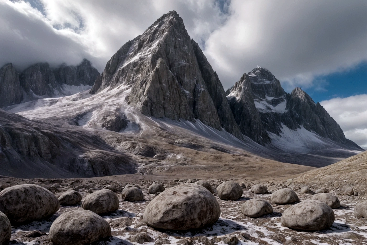 ON AN ALIEN PLANET STEEP AND INTRINSIC MOUNTAINS WITH SHARP ROCKS WITH SNOW AND ICE, EL CIELO TORMENTOSO APLOMADO, GRAY AND COLD HAS THE CLOUDS DESTROYED BY THE FREEZING WIND FROM THE POLE, IMAGEN HIPER REALISTA, MAXIMUM DEPTH OF FIELD, MAXIMUM HDR 4K RESOLUTION, PERSPECTIVA PERFECTA PARA fortaleza alien
