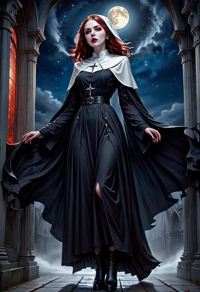 a picture of an exquisite beautiful female (nun: 1.3) vampire standing under the starry night sky on the porch of her monastary, action shot, dynamic angle (ultra detailed, Masterpiece, best quality), ultra detailed face (ultra detailed, Masterpiece, best quality), ultra feminine, (pale skin: 1.3), red hair, wavy hair, dynamic eyes color, cold eyes, glowing eyes, intense eyes, dark red lips, [fangs], wearing white nun habit (ultra detailed, Masterpiece, best quality), wearing blue cloak (ultra detailed, Masterpiece, best quality), long cloak, flowing cloak (ultra detailed, Masterpiece, best quality), wearing high heeled boots, sky full of stars background, moon, bats flying about, action shot, high details, best quality, 16k, [ultra detailed], masterpiece, best quality, (ultra detailed), full body, ultra wide shot, photorealism, dark fantasy art, dark fantasy art, gothic art, many stars, dark fantasy art, gothic art, sense of dread, bloodmagic