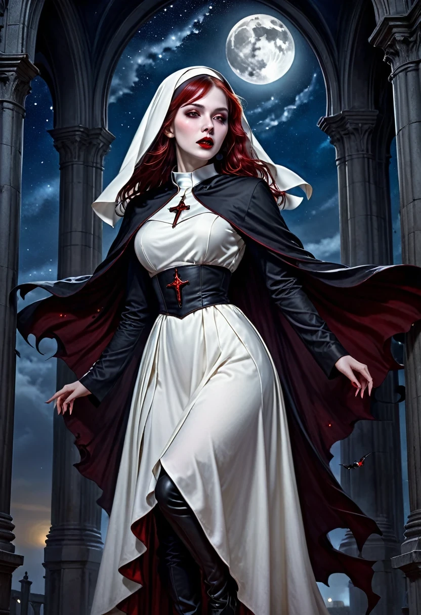 a picture of an exquisite beautiful female (nun: 1.3) vampire standing under the starry night sky on the porch of her monastary, action shot, dynamic angle (ultra detailed, Masterpiece, best quality), ultra detailed face (ultra detailed, Masterpiece, best quality), ultra feminine, (pale skin: 1.3), red hair, wavy hair, dynamic eyes color, cold eyes, glowing eyes, intense eyes, dark red lips, [fangs], wearing white nun habit (ultra detailed, Masterpiece, best quality), wearing blue cloak (ultra detailed, Masterpiece, best quality), long cloak, flowing cloak (ultra detailed, Masterpiece, best quality), wearing high heeled boots, sky full of stars background, moon, bats flying about, action shot, high details, best quality, 16k, [ultra detailed], masterpiece, best quality, (ultra detailed), full body, ultra wide shot, photorealism, dark fantasy art, dark fantasy art, gothic art, many stars, dark fantasy art, gothic art, sense of dread, bloodmagic