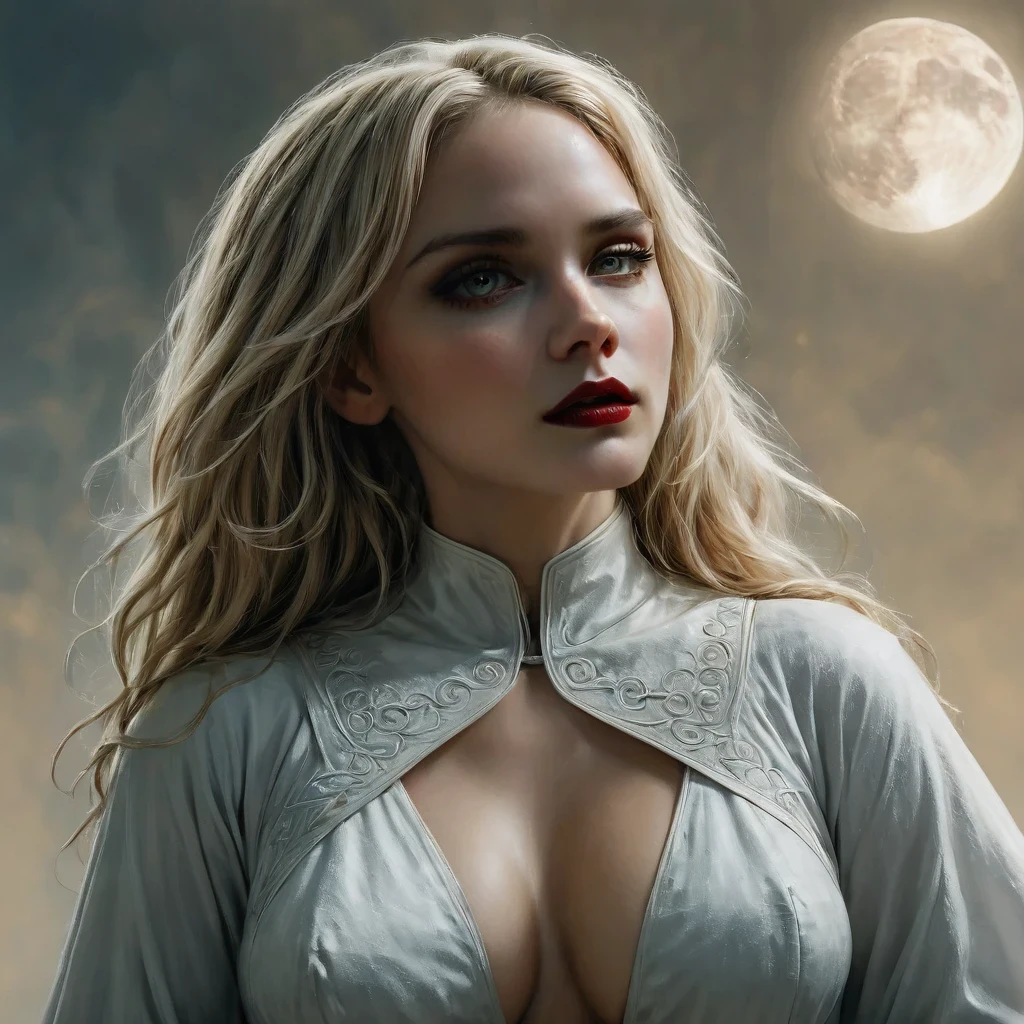 a picture of an exquisite beautiful female (nun: 1.3) vampire standing under the starry night sky on the porch of her monastary, action shot, dynamic angle (ultra detailed, Masterpiece, best quality), ultra detailed face (ultra detailed, Masterpiece, best quality), ultra feminine, (pale skin: 1.3), red hair, wavy hair, dynamic eyes color, cold eyes, glowing eyes, intense eyes, dark red lips, [fangs], wearing white nun habit (ultra detailed, Masterpiece, best quality), wearing blue cloak (ultra detailed, Masterpiece, best quality), long cloak, flowing cloak (ultra detailed, Masterpiece, best quality), wearing high heeled boots, sky full of stars background, moon, bats flying about, action shot, high details, best quality, 16k, [ultra detailed], masterpiece, best quality, (ultra detailed), full body, ultra wide shot, photorealism, dark fantasy art, dark fantasy art, gothic art, many stars, dark fantasy art, gothic art, sense of dread, bloodmagic