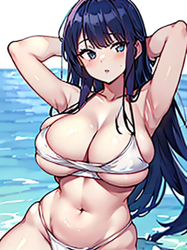 highest quality、Highest image quality、masterpiece、),、Super beautiful women ((22 years old OL big bust、、slender、beautiful hip,Close-up, BeautifulHigh quality、BeautifulArt、)muste piece、visual art、Depth of the bounds written、gentle light、kind on the skin, swimsuit, fully body, wide hips, large thighs, skin tight swimsuit, giant heavy circular lovely breasts , zoomed out, fully body view, laying down in water, one piece super tight swimsuit that shows massive curves