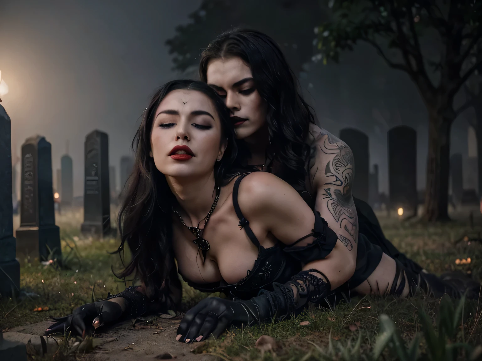 Beautiful 20 year old woman, large , with short messy wavy black hair, wearing a red corset with black accents and black cloak, (( fine detailed long black gloves)) having sex from behind by a man in a foggy cemetery at night, (( and doing a fantastic sucking blowjob to another man in front of her)) ((the photo is a picture of a woman and a man doing sex))(red lipstick:1.5), realistic skin texture, (cross necklace:1.2), (eyes closed:1.3), (Zentangle and Gothic Art:1.4), photo realistic, 8k