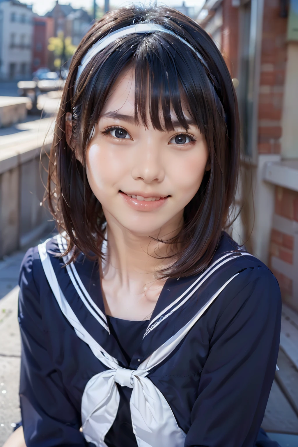 Sailor suit, One Woman, (Beautiful woman, delicate :1.3), Black Hair, Short bobcut, bangs, (8k), (highest quality: 1.2), (Realistic), (Realistic: 1.37), (masterpiece), (Ultra-high resolution), (RAW Photos), (Absolute Resolution), (((face is small compared to body: 1.4))), (((Small face:１.4))), A balanced face, (Small Mouth: 1.4), ((Slim female body: 1.4)), (((long sleeve Sailor suit))), Realistic high school girl, (White headband:1.4), Small breasts, Slanted Eyes, Bright Blue Eyes, (Cafe on the open terrace), smile, Blurred, ((Full Body Shot)), Black Stockings, Black garter belt, Three white lines on the collar of a sailor suit, 
