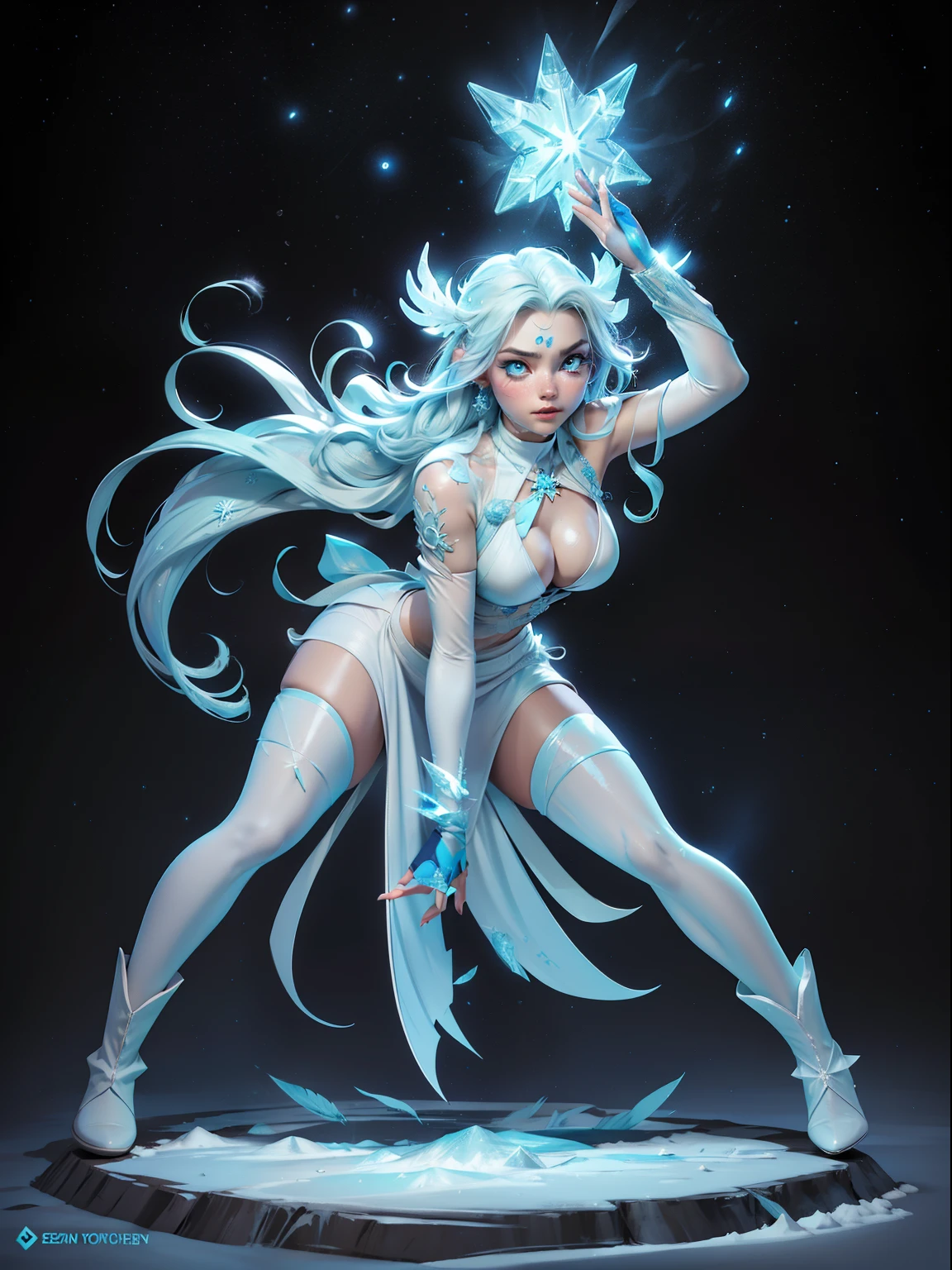 (high-res, vivid colors), blue bird alien, detailed feathers, sparkling eyes, alien landscape, vibrant colors, surreal atmosphere, glowing lights, otherworldly features, intricate patterns, dreamlike scenery, Arctic Frost Ranger: A suit featuring icy blue and frosty white hues, accented with snowflake patterns and frost crystals. This Ranger commands the power of ice and cold, with abilities such as creating blizzards, forming ice constructs for defense, and freezing enemies in their tracks.