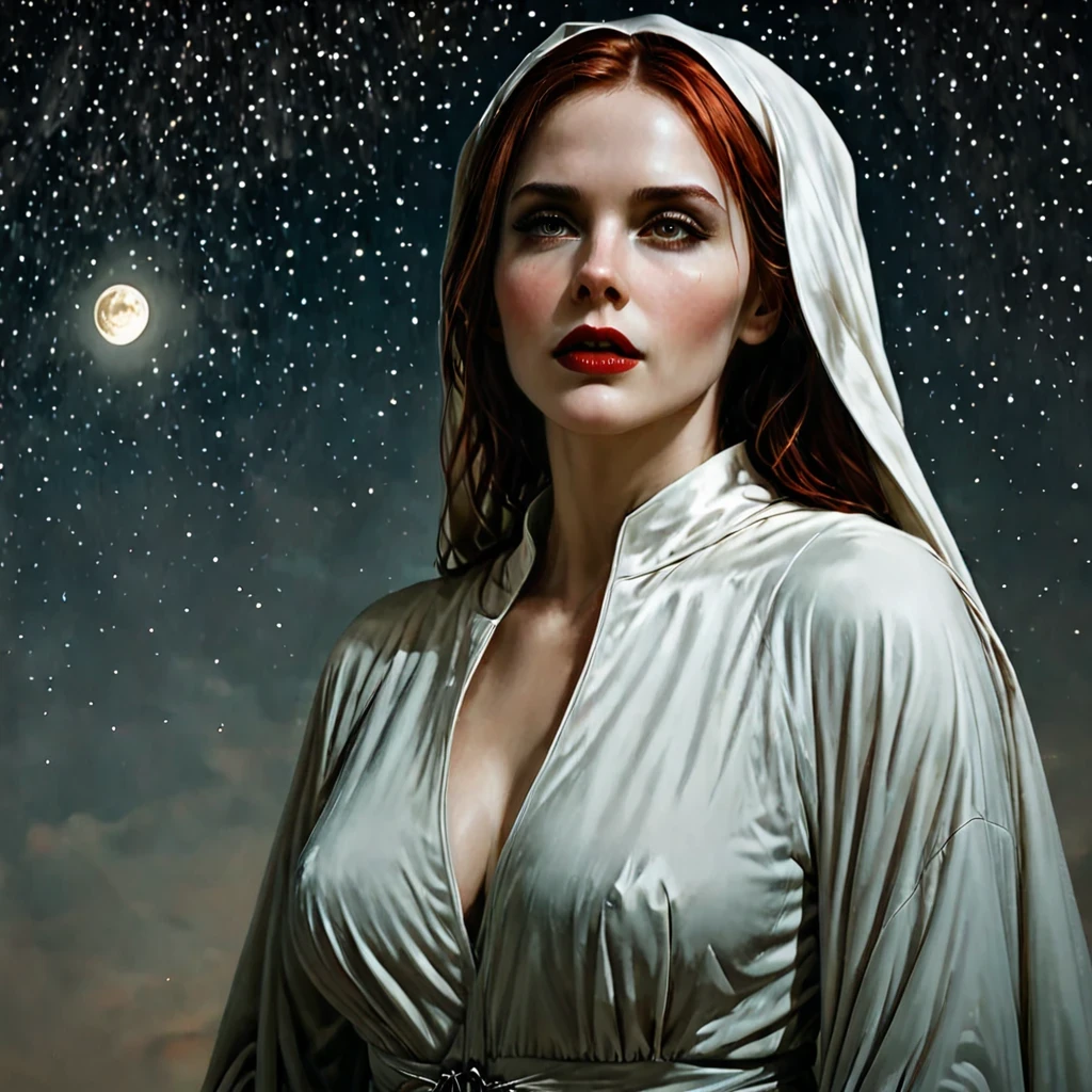 a picture of an exquisite beautiful female (nun: 1.3) vampire standing under the starry night sky on the porch of her monastary, action shot, dynamic angle (ultra detailed, Masterpiece, best quality), ultra detailed face (ultra detailed, Masterpiece, best quality), ultra feminine, (pale skin: 1.3), red hair, wavy hair, dynamic eyes color, cold eyes, glowing eyes, intense eyes, dark red lips, [fangs], wearing white nun habit (ultra detailed, Masterpiece, best quality), wearing blue cloak (ultra detailed, Masterpiece, best quality), long cloak, flowing cloak (ultra detailed, Masterpiece, best quality), wearing high heeled boots, sky full of stars background, moon, bats flying about, action shot, high details, best quality, 16k, [ultra detailed], masterpiece, best quality, (ultra detailed), full body, ultra wide shot, photorealism, dark fantasy art, dark fantasy art, gothic art, many stars, dark fantasy art, gothic art, sense of dread, bloodmagic