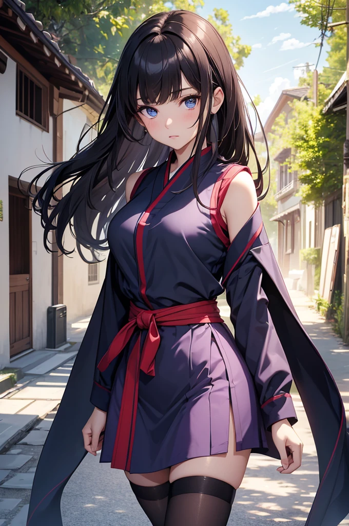 8K, Best Quality, Masterpiece, Ultra High Resolution, 1 Girl, Beautiful Eyes, Face Details, Dark Brunette Hair, Long Hair, Straight Hair, Navy Blue Eyes, Kunoichi Uniform, Sleeveless Purple Kimono, Mesh Tights, Standing Outside in Village, Pale Skin, Masterpiece, Best Quality, Upper Body, Looking at the Viewer, Close Up