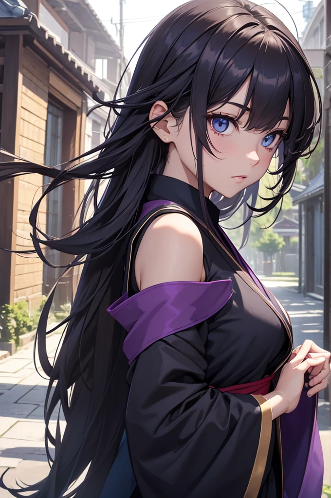8K, Best Quality, Masterpiece, Ultra High Resolution, 1 Girl, Beautiful Eyes, Face Details, Dark Brunette Hair, Very Long Hair, Straight Hair, Navy Blue Eyes, Kunoichi Uniform, Sleeveless Purple Kimono, Mesh Tights, Standing Outside in Village, Pale Skin, Masterpiece, Best Quality, Upper Body, Looking at the Viewer, Close Up