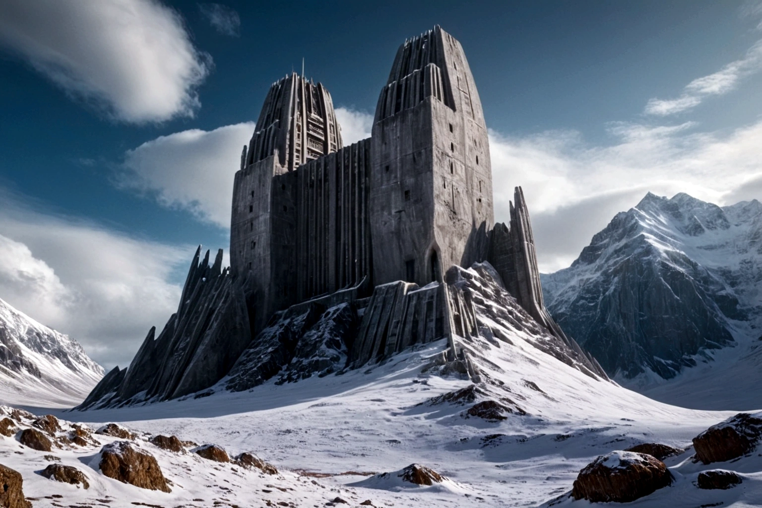 futuristic concrete fortress ON AN ALIEN PLANET STEEP AND INTRINSIC MOUNTAINS WITH SHARP ROCKS WITH SNOW AND ICE, EL CIELO TORMENTOSO APLOMADO, GRAY AND COLD HAS THE CLOUDS DESTROYED BY THE FREEZING WIND FROM THE POLE, IMAGEN HIPER REALISTA, MAXIMUM DEPTH OF FIELD, MAXIMUM HDR 4K RESOLUTION, PERSPECTIVA PERFECTA PARA fortaleza alien
