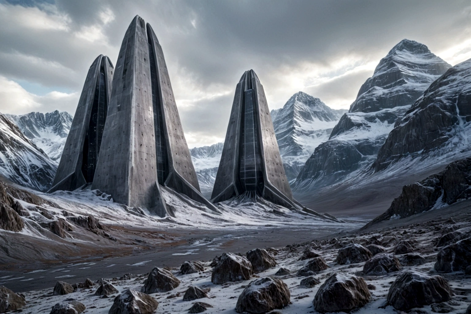 futuristic concrete fortress ON AN ALIEN PLANET STEEP AND INTRINSIC MOUNTAINS WITH SHARP ROCKS WITH SNOW AND ICE, EL CIELO TORMENTOSO APLOMADO, GRAY AND COLD HAS THE CLOUDS DESTROYED BY THE FREEZING WIND FROM THE POLE, IMAGEN HIPER REALISTA, MAXIMUM DEPTH OF FIELD, MAXIMUM HDR 4K RESOLUTION, PERSPECTIVA PERFECTA PARA fortaleza alien
