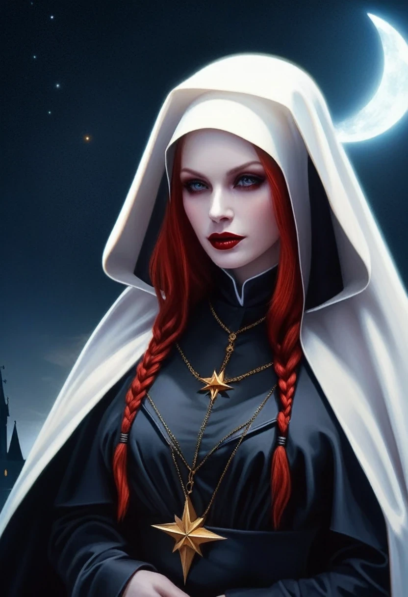 a picture of an exquisite beautiful female (nun: 1.3) vampire standing under the starry night sky on the porch of her monastary, action shot, dynamic angle (ultra detailed, Masterpiece, best quality), ultra detailed face (ultra detailed, Masterpiece, best quality), ultra feminine, (pale skin: 1.3), red hair, wavy hair, dynamic eyes color, cold eyes, glowing eyes, intense eyes, dark red lips, ((fangs: 1.1)), wearing white nun habit (ultra detailed, Masterpiece, best quality), wearing (blue cloak: 1.3) (ultra detailed, Masterpiece, best quality), long cloak, flowing cloak (ultra detailed, Masterpiece, best quality), wearing (high heeled boots: 1.3), sky full of stars background, moon, bats flying about, action shot, high details, best quality, 16k, [ultra detailed], masterpiece, best quality, (ultra detailed), full body, ultra wide shot, photorealism, dark fantasy art, dark fantasy art, gothic art, many stars, dark fantasy art, gothic art, sense of dread,  GlowingRunesAI_red, Cinematic Hollywood Film style
