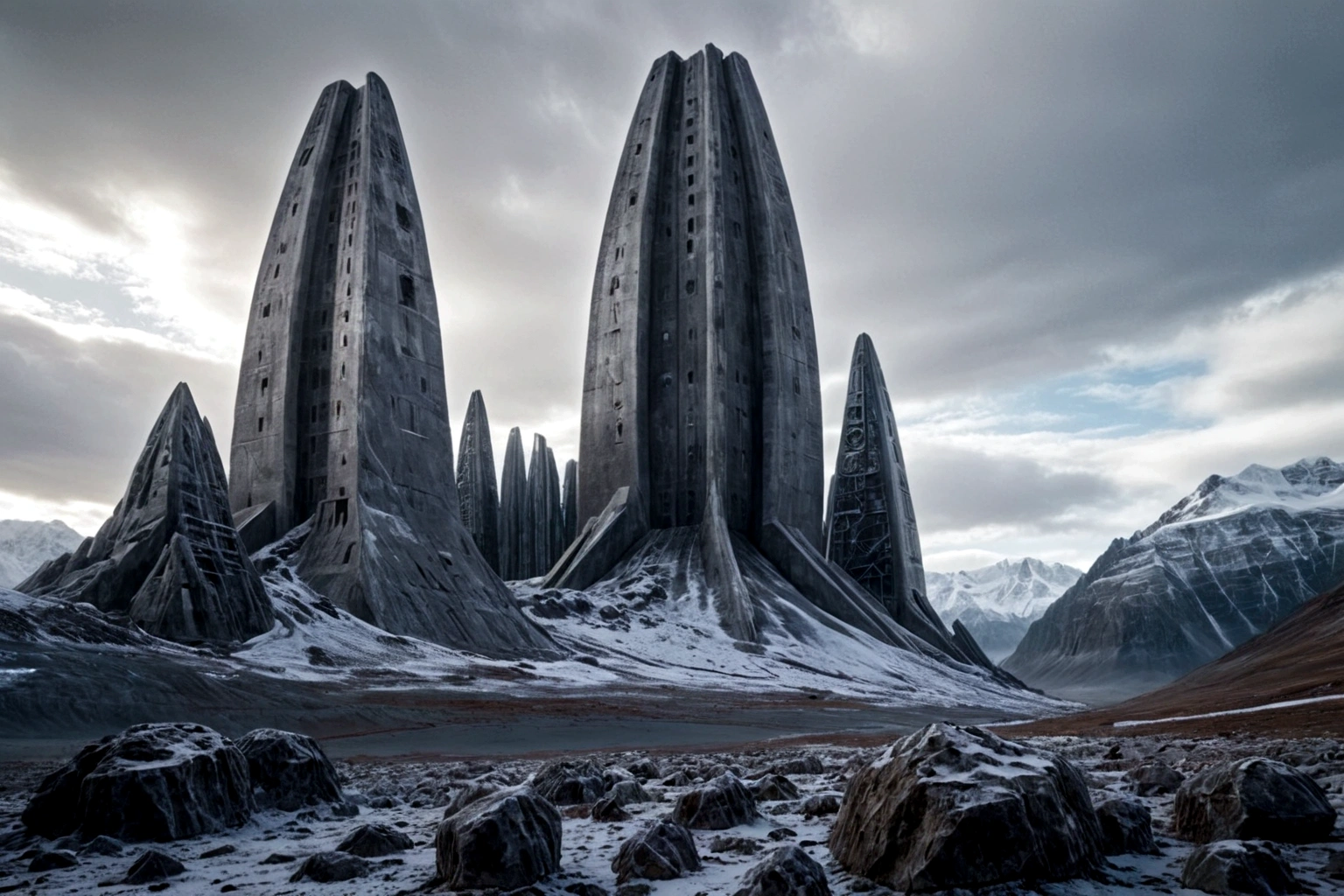 futuristic concrete fortress ON AN ALIEN PLANET STEEP AND INTRINSIC MOUNTAINS WITH SHARP ROCKS WITH SNOW AND ICE, EL CIELO TORMENTOSO APLOMADO, GRAY AND COLD HAS THE CLOUDS DESTROYED BY THE FREEZING WIND FROM THE POLE, IMAGEN HIPER REALISTA, MAXIMUM DEPTH OF FIELD, MAXIMUM HDR 4K RESOLUTION, PERSPECTIVA PERFECTA PARA fortaleza alien