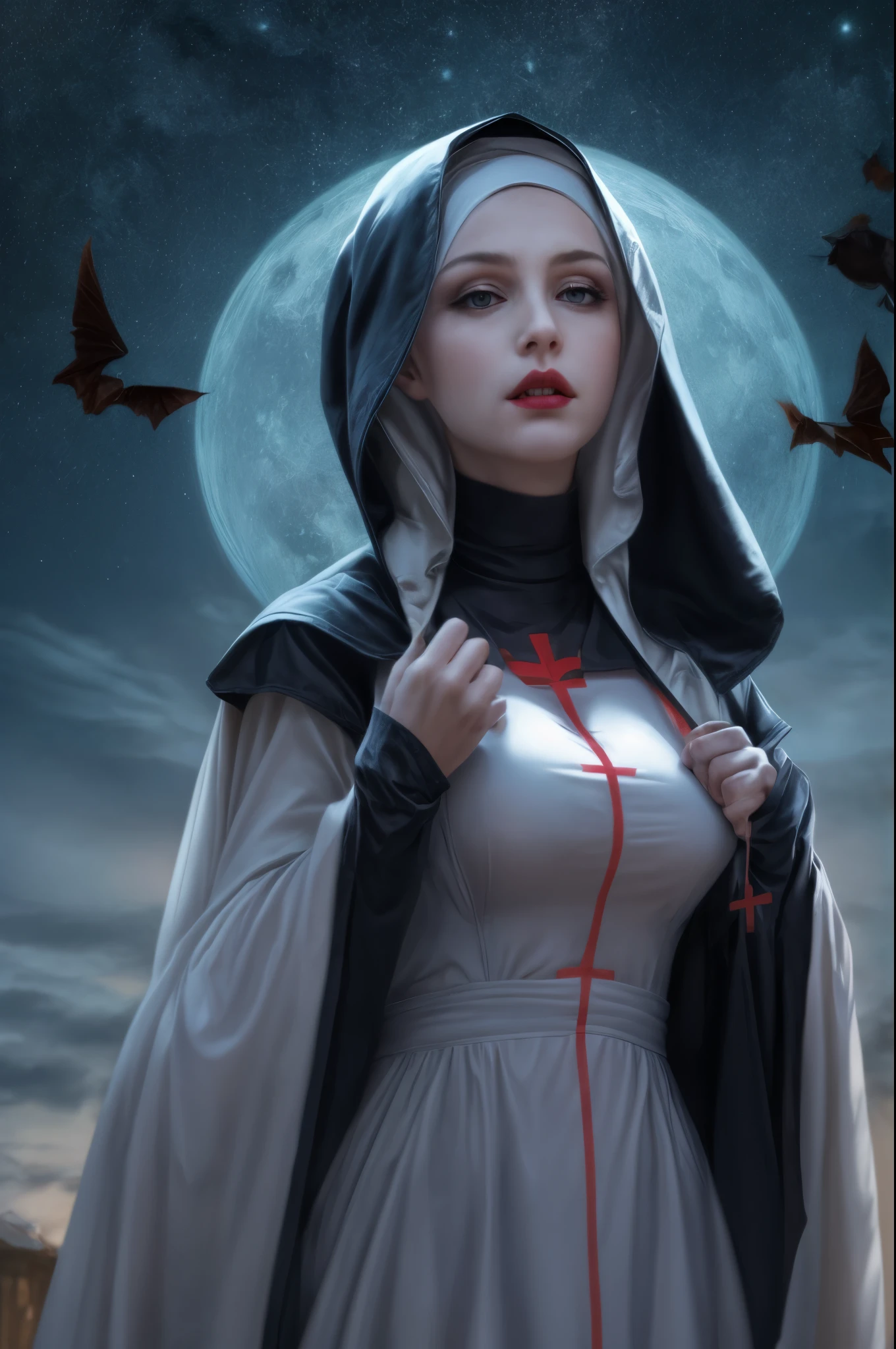 a picture of an exquisite beautiful female (nun: 1.3) vampire standing under the starry night sky on the porch of her monastary, dynamic angle (ultra detailed, Masterpiece, best quality), ultra detailed face (ultra detailed, Masterpiece, best quality), ultra feminine, (pale skin: 1.3), red hair, wavy hair, dynamic eyes color, cold eyes, glowing eyes, intense eyes, dark red lips, [fangs], wearing white nun habit (ultra detailed, Masterpiece, best quality), wearing blue cloak (ultra detailed, Masterpiece, best quality), long cloak, flowing cloak (ultra detailed, Masterpiece, best quality), wearing high heeled boots, sky full of stars background, moon, bats flying about, action shot, high details, best quality, 16k, [ultra detailed], masterpiece, best quality, (ultra detailed), full body, ultra wide shot, photorealism, dark fantasy art, dark fantasy art, gothic art, many stars, dark fantasy art, gothic art, sense of dread, bloodmagic