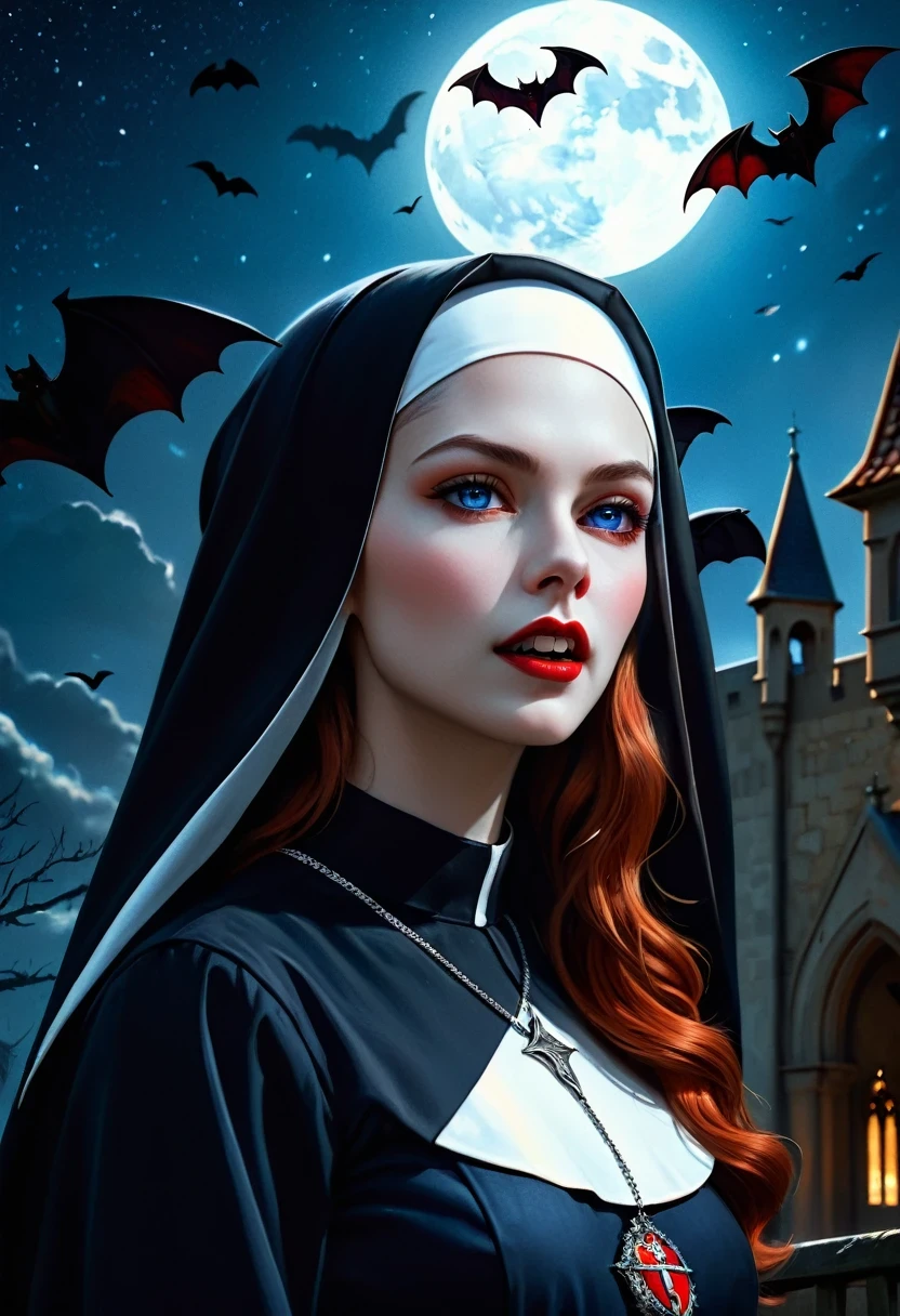 a picture of an exquisite beautiful female nun vampire standing under the starry night sky on the porch of her monastery, ultra feminine, (pale skin: 1.3), red hair, wavy hair, dynamic eyes color, cold eyes, glowing eyes, intense eyes, dark red lips, ((fangs: 1.1)), wearing (white nun tight וuniform: 1.3), wearing (blue cloak: 1.3), long cloak, flowing cloak, wearing (high heeled boots: 1.3), sky full of stars background, moon, bats flying about, action shot, high details, best quality, 16k, ((ultra detailed: 1.5)), masterpiece, best quality, portrait shot, photorealism, dark fantasy art, gothic art, many stars, sense of dread, GlowingRunesAI_red, Cinematic Hollywood Film style,