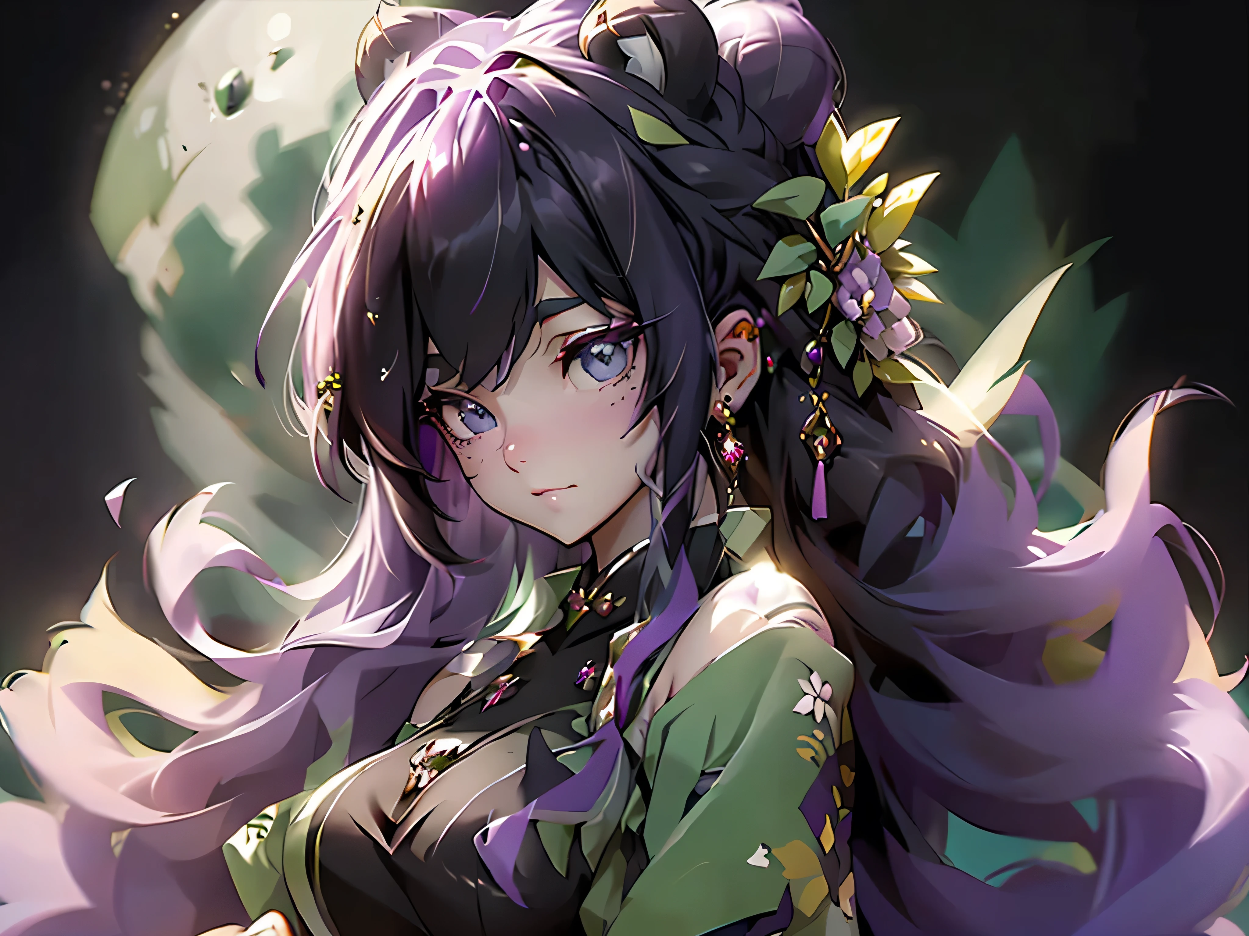 1girl, Purple hair, green eyes, fluffy panda ears, long hair, cute sexy black dress, beautiful, moon, green accessories, sparkles, freckles, detailed eyes