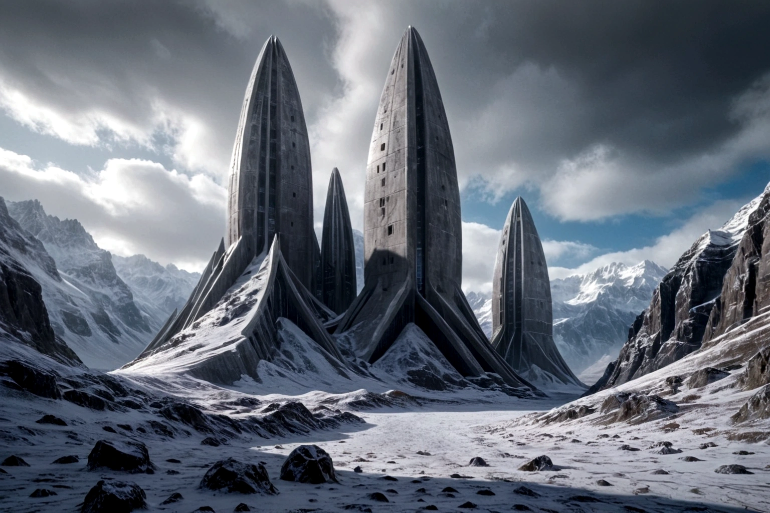 futuristic concrete fortress ON AN ALIEN PLANET STEEP AND INTRINSIC MOUNTAINS WITH SHARP ROCKS WITH SNOW AND ICE, EL CIELO TORMENTOSO APLOMADO, GRAY AND COLD HAS THE CLOUDS DESTROYED BY THE FREEZING WIND FROM THE POLE, IMAGEN HIPER REALISTA, MAXIMUM DEPTH OF FIELD, MAXIMUM HDR 4K RESOLUTION, PERSPECTIVA PERFECTA PARA fortaleza alien
