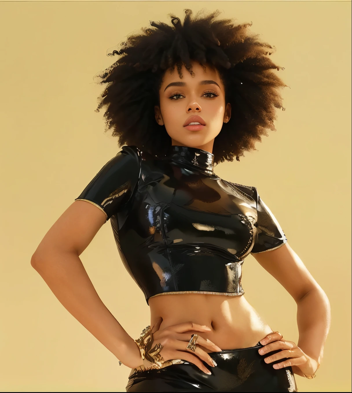 hay una mujer con un top negro y pantalones de cuero negros., afro futuristic, afrofuturistic, wearing leather swimsuit, tight leather clothing, con afro, Top de cuero, afro, zoe kravitz futuristic astronaut, wearing black latex suit, traje ajustado de cuero azul marino, latex suits, black latex sculpture, la leona negra suave, nathalie emmanuel