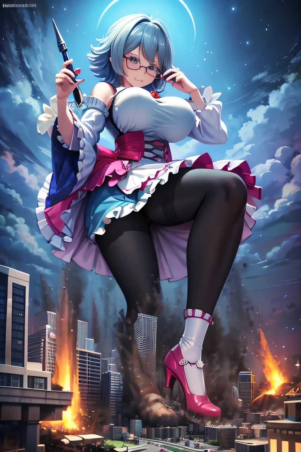 giantess art, highly detailed giantess shots, giantess, most detailed, perfect face, Two legs, Five fingers, A beautiful girl who is bigger than a skyscraper, short hair, Wearing rimless glasses, smile, huge breasts, blue base magical girl dress, bow, magical girl, holding a magical wand, black pantyhose, blue stiletto heels, thunderbolt from a magical wand, Destroying cities, Under heavy attack, A very small big city, Miniature metropolis, Full body description, GTS, giga giantess, stomping city, crash city, tiny city, micro city, pantyhose feet, High resolution, highest quality, masterpiece, 