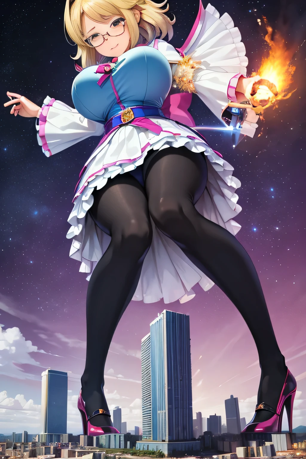 giantess art, highly detailed giantess shots, giantess, most detailed, perfect face, Two legs, Five fingers, A beautiful girl who is bigger than a skyscraper, short hair, Wearing rimless glasses, smile, huge breasts, blue base magical girl dress, bow, magical girl, holding a magical wand, black pantyhose, blue stiletto heels, thunderbolt from a magical wand, Destroying cities, Under heavy attack, A very small big city, Miniature metropolis, Full body description, GTS, giga giantess, stomping city, crash city, tiny city, micro city, pantyhose feet, High resolution, highest quality, masterpiece,