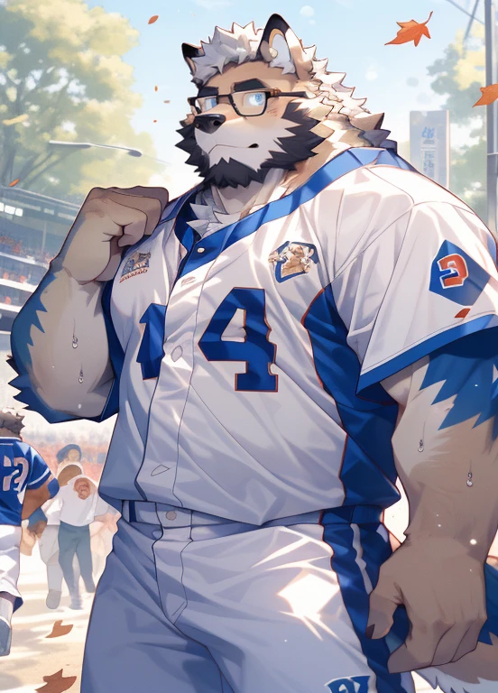 hairy，（Wolf，White baseball uniform，White baseball pants，Black-rimmed glasses，），beard，White fur，male，Common，full-body shot， Dynamic poses，Baseball games，There are fallen leaves，wet clothes，Sweat，Shortness of breath，Sweat a lot，Sunlight，Detailed background，极其lifelike阴影，masterpiece，Very detailed，lifelike