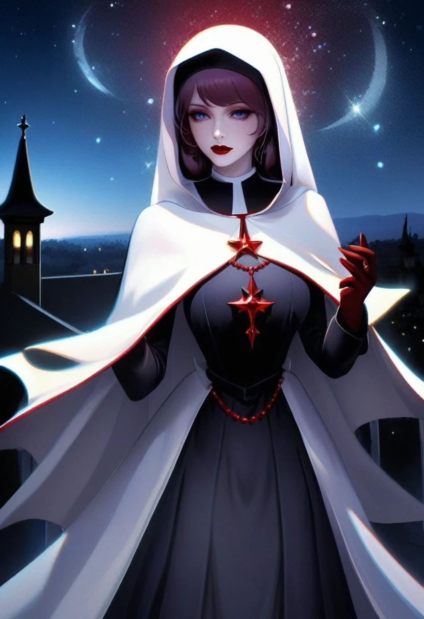 a picture of an exquisite beautiful female (nun: 1.3) vampire standing under the starry night sky on the porch of her monastary, action shot, dynamic angle (ultra detailed, Masterpiece, best quality), ultra detailed face (ultra detailed, Masterpiece, best quality), ultra feminine, (pale skin: 1.3), red hair, wavy hair, dynamic eyes color, cold eyes, glowing eyes, intense eyes, dark red lips, ((fangs: 1.1)), wearing white nun habit (ultra detailed, Masterpiece, best quality), wearing (blue cloak: 1.3) (ultra detailed, Masterpiece, best quality), long cloak, flowing cloak (ultra detailed, Masterpiece, best quality), wearing (high heeled boots: 1.3), sky full of stars background, moon, bats flying about, action shot, high details, best quality, 16k, [ultra detailed], masterpiece, best quality, (ultra detailed), full body, ultra wide shot, photorealism, dark fantasy art, dark fantasy art, gothic art, many stars, dark fantasy art, gothic art, sense of dread,  GlowingRunesAI_red, Cinematic Hollywood Film style
