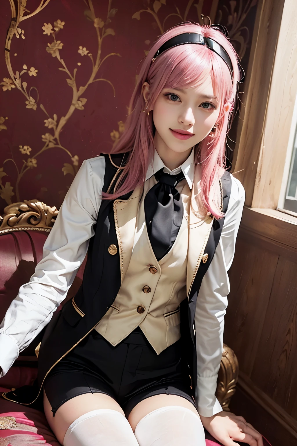 (8K, top-quality, masterpiece:1,2), (reallistic, Photorealsitic:1.37), Super Detail, One girl,), (Highly detailed), (beautifully detailed eyes), (of the highest quality), (super detailed ), (masterpiece), (Detailed face),20yr old, ,1 girl, ((pink hair,Very long hair)), medium breasts, clothed, Perfect Lighting, (black tailored jacket:1.3), (white shirt:1.2), (black vest:1.2), (black skinny pants:1.3), (smart and cool impression:1.4), (white tie:1.2), (white cuffs:1.2), (gold buttons:1.2), (black stockings:1.2), (black loafers:1.2), (white gloves:1.2), (black headband:1.2), BREAK ears visible, (smile:1.2),, pointing chest gold button, (left hand behind:1.2), holding white tie, (luxurious mansion room:1.3), (dark red wallpaper:1.2), (gold decoration:1.2), garden view from window, (natural light:1.2), light hitting face and clothes, (strong contrast:1.2)