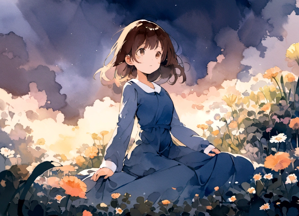 a  girl with dark brown hair, a blue dress with long sleeves and a knee-length skirt, sitting on a flower bed. watercolor style