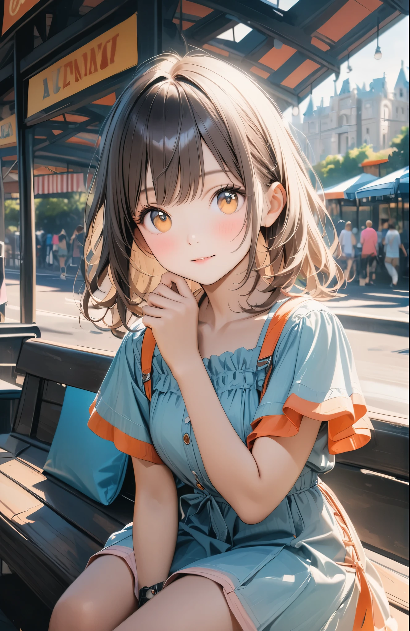 a beautiful girl sitting on a bench at an amusement park on a sunny day, wearing a cute outfit, with gentle colors, high resolution, attention to detail, masterpiece, 35mm, ultra-detailed, photorealistic, vivid colors, studio lighting, physically-based rendering, professional