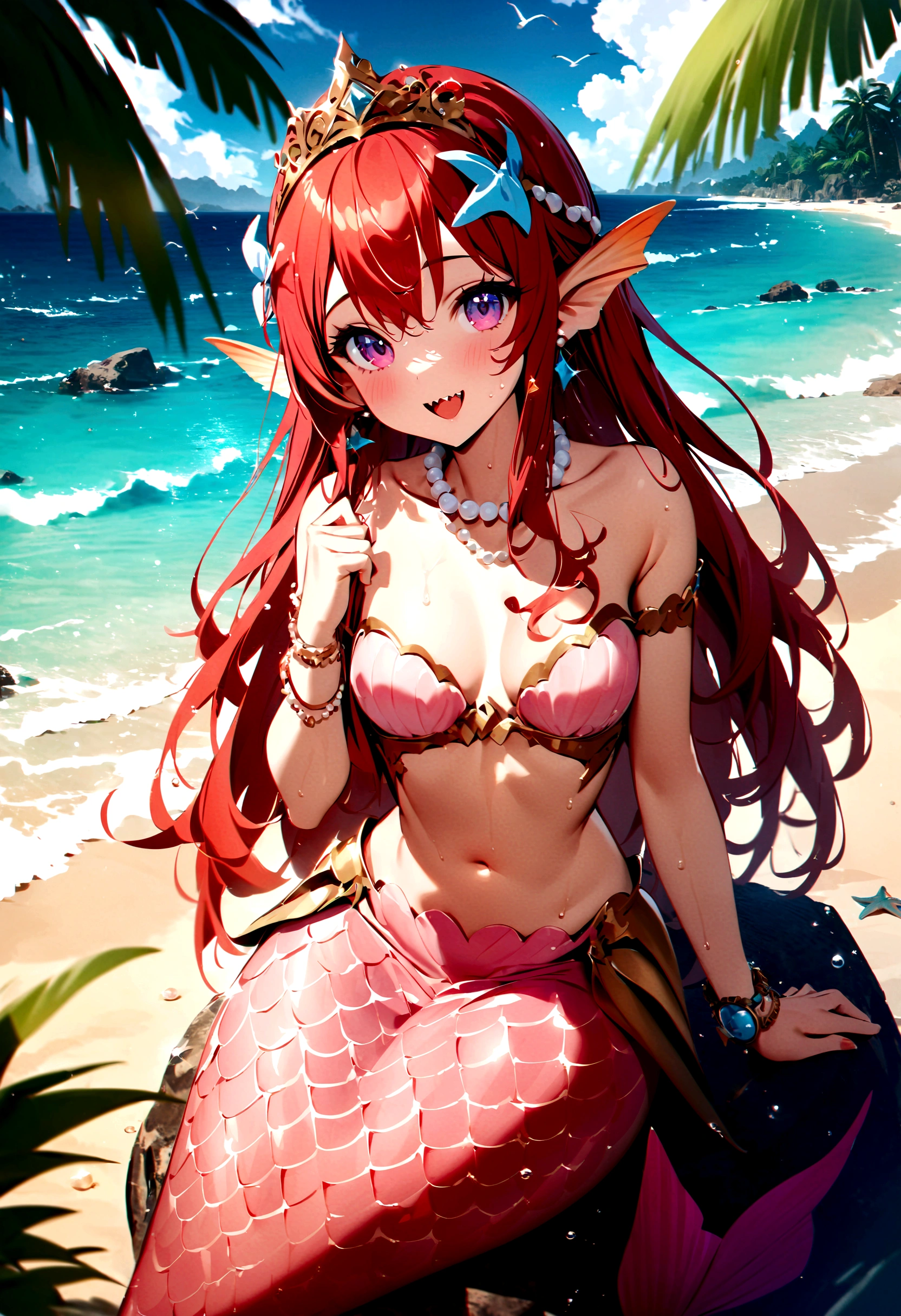 (best quality,4k,8k,highres,masterpiece:1.2),ultra-detailed, drawn in anime style, Pretty 15 years old princess magically transformed into a beautiful mermaid, race swap, fantastic transformation, steampunk, fish like, wet body, dominant shades of red, long and detailed mermaid tail with shimmering red fish scales, fins ears, very long pigtails red hair that sparkles in the light, pearl hair ornaments, sharp teeth, is smiling, pink eyes, small breast, long pelvic and dorsal fins, pair of fish gills on her neck and torso, red shell bra, starfish hair clips, pearl earrings and bracelets, pearl necklace, hair ribbons, gold tiara, embracing her new life has a mermaid, joyful expression, sitting on a rock, sandy beach, brushing her hair, ocean waves,sparkling water,coconut trees,seagulls,vibrant colors,magical glow,shimmering scales,sea breeze,warm sunlight,joyful expression,island paradise,lush tropical plants,dynamic composition,soft and smooth lines,expressive facial features,gentle water reflections,serene atmosphere, Highly detailed, masterpiece, high quality, 4K