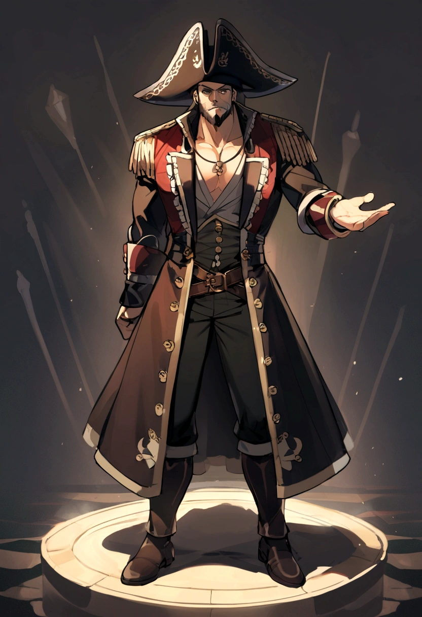 male pirate with a seaworthy physique, com barba, with pirate hat and black pirate clothes full body standing still, somente uma arma de fogo, revolve in hand