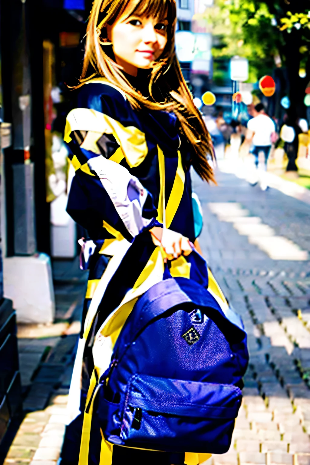 GIRL WITH BLONDE HAIR AND WITH A YELLOW KANGAROO AND BLACK SHOES WITH A PURPLE AND BLUE BACKPACK