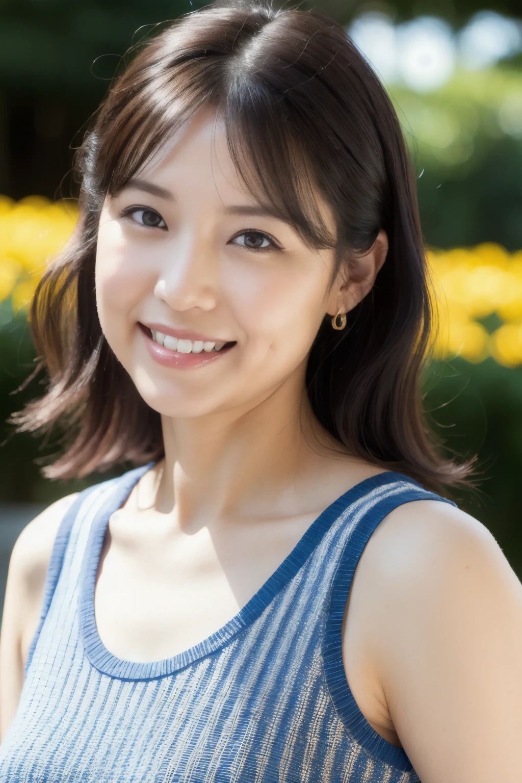 最high quality, In 8K, Masseter muscle area, Lifelike, Sharp focus, high quality, High resolution, Detailed face, Detailed eyes, Thick lips, Background Blur, solo, Middle-aged women, , 55 years old, , Wavy Hair, Cleavage, Wearing a plain short-sleeved knit, Afternoon in front of the park garden, Wrinkles around the eyes, Toothy smile