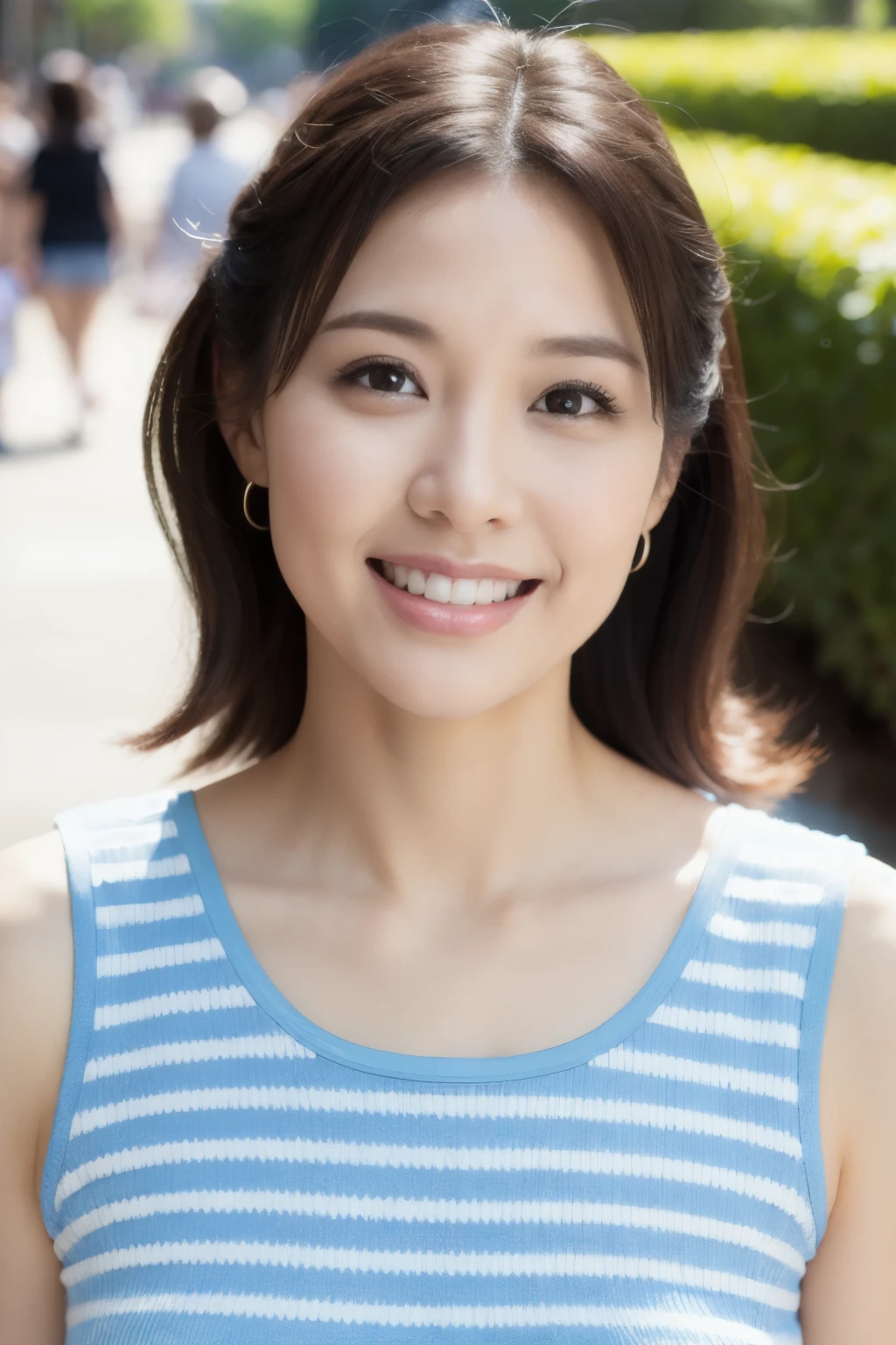 最high quality, In 8K, Masseter muscle area, Lifelike, Sharp focus, high quality, High resolution, Detailed face, Detailed eyes, Thick lips, Background Blur, solo, Middle-aged women, , 55 years old, , Wavy Hair, Cleavage, Wearing a plain short-sleeved knit, Afternoon in front of the park garden, Wrinkles around the eyes, Toothy smile