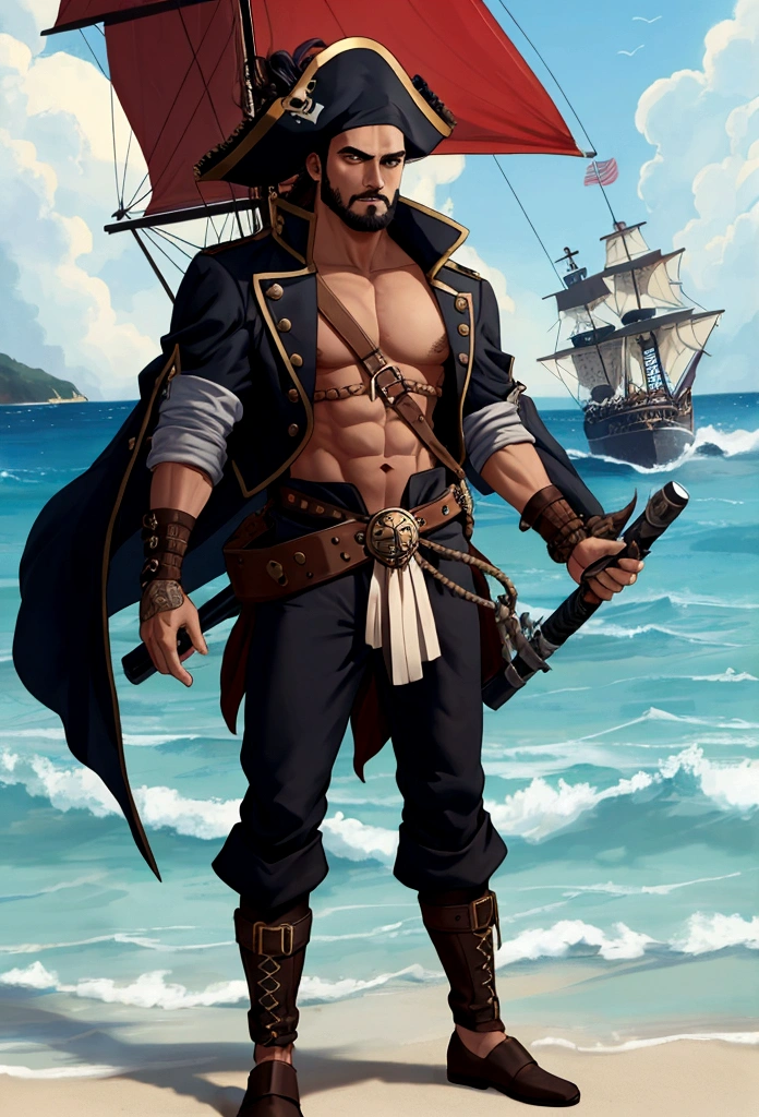 male pirate with a seaworthy physique, com barba, with pirate hat and black pirate clothes full body standing still, somente uma arma de fogo, revolve in hand