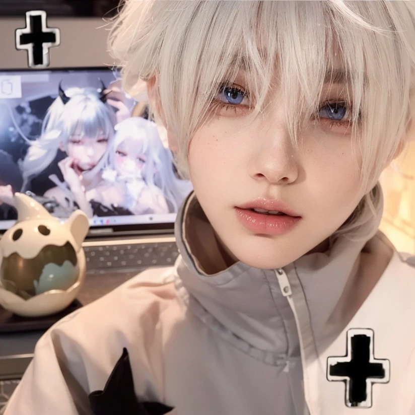 a boy with platinum hair and beautiful detailed eyes, beautiful detailed lips, extremely detailed face, long eyelashes, pale skin, striking facial features, elegant posture, graceful movements, peaceful expression, soothing lighting, soft glowing lighting, ethereal atmosphere, fantasy, digital art, concept art, 8k, high quality, hyper detailed, photorealistic